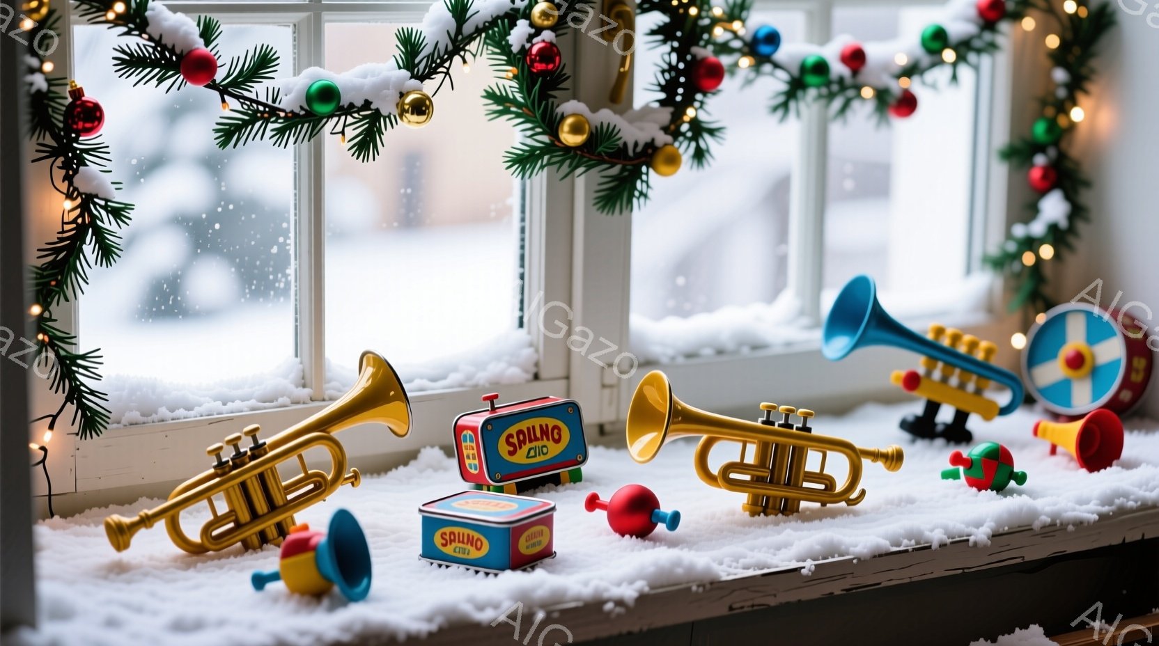 雪が降る窓辺に、おもちゃのトランペットや積み木、赤い車などが散らばっている様子が描かれている。クリスマスツリーの飾り付けが窓枠の上を彩り、冬の暖かく幻想的な雰囲気を醸し出している。雪景色とカラフルなお - AI生成フリー素材