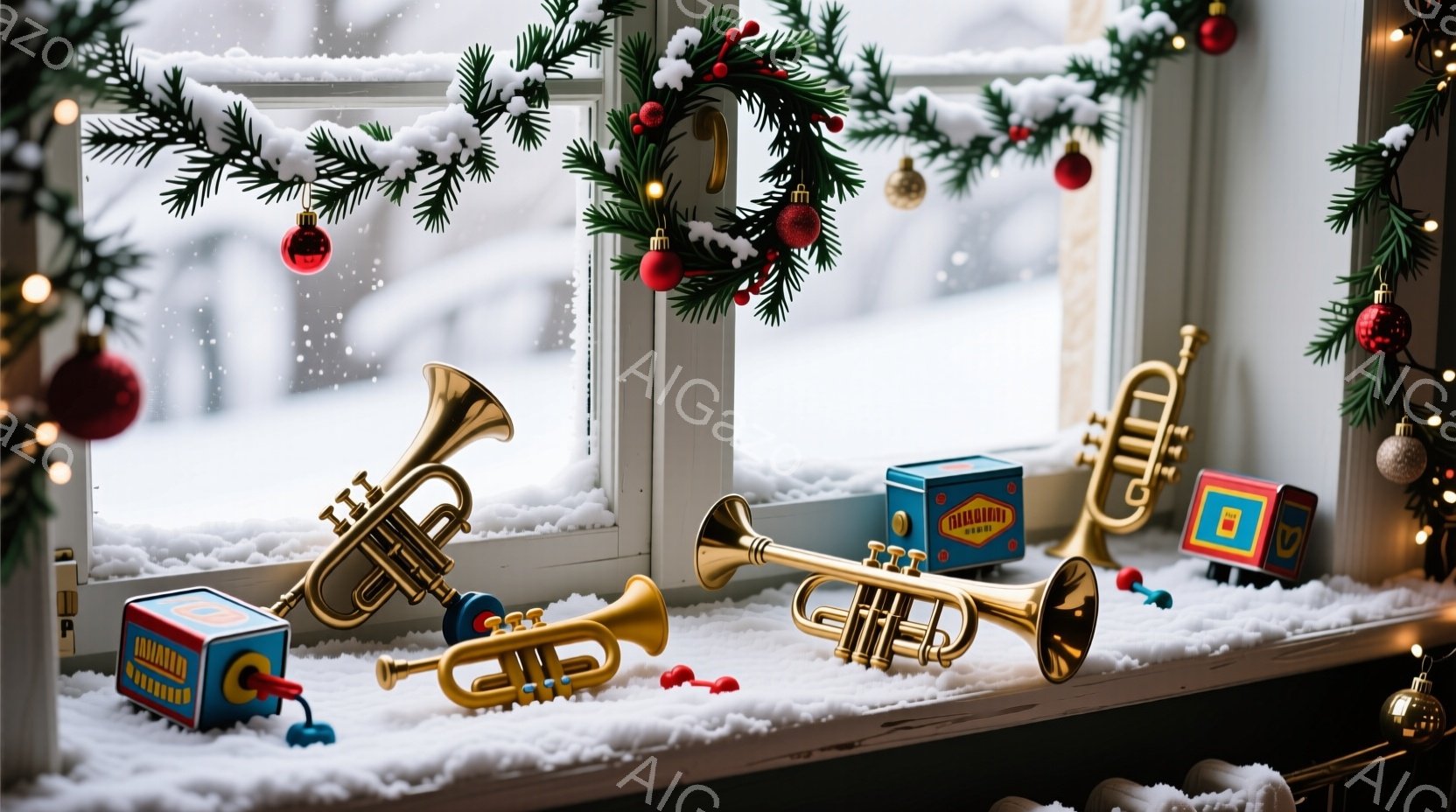 雪が降る冬の窓辺に、おもちゃのトランペットとカラフルな積み木が並べられています。窓の外は真っ白な雪景色で、窓枠にはクリスマスツリーの飾りが施され、暖かくお祝いの雰囲気が漂っています。全体的に、子供の遊 - AI生成フリー素材