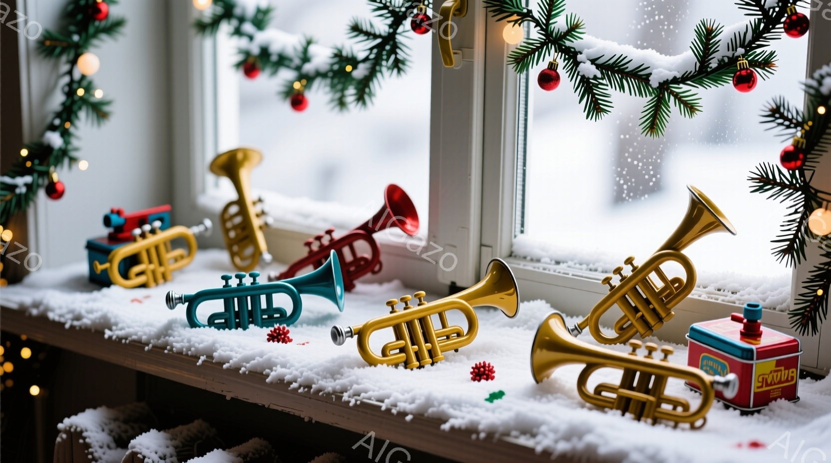 雪が降る窓辺に、様々な色のミニチュアトランペットが散らばっている。背景には緑のクリスマスツリーの枝と、ぼんやりとした冬景色が見え、暖かな光が室内を照らしている。全体的に、お祭り気分と冬の静けさが混ざり - AI生成フリー素材