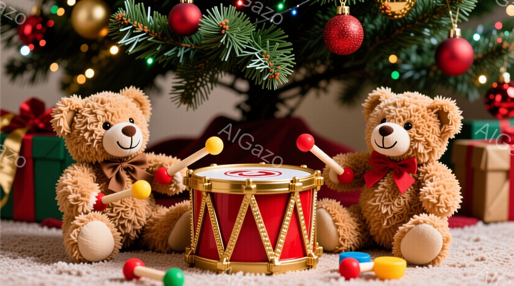 ふわふわの茶色のテディベアが2匹、赤いリボンをつけて、ドラムを演奏しています。周りには、様々な色のおもちゃの楽器が散らばっており、背景にはクリスマスツリーとプレゼント箱が見えます。全体的に暖かく、お祝 - AI生成フリー素材