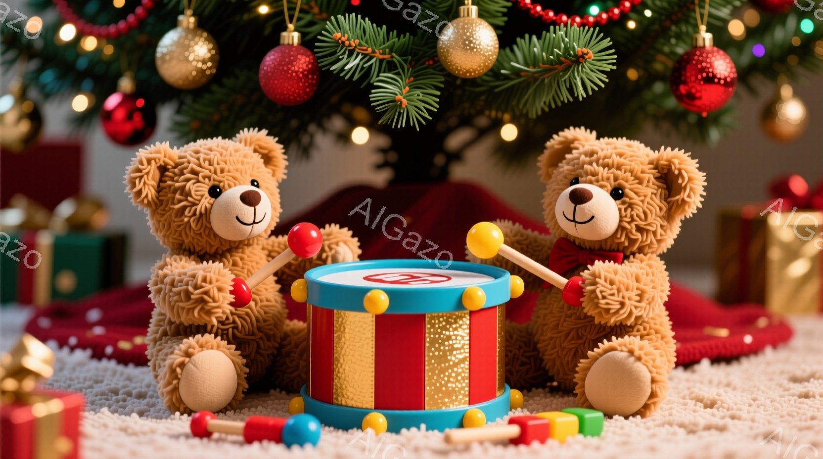 ふわふわの茶色のテディベアが二人、赤いリボンをつけてドラムを演奏しています。背景にはクリスマスツリーとプレゼントが置かれ、暖かくお祝いムードが漂っています。ドラムの周りには、カラフルな積み木が散らばっ - AI生成フリー素材