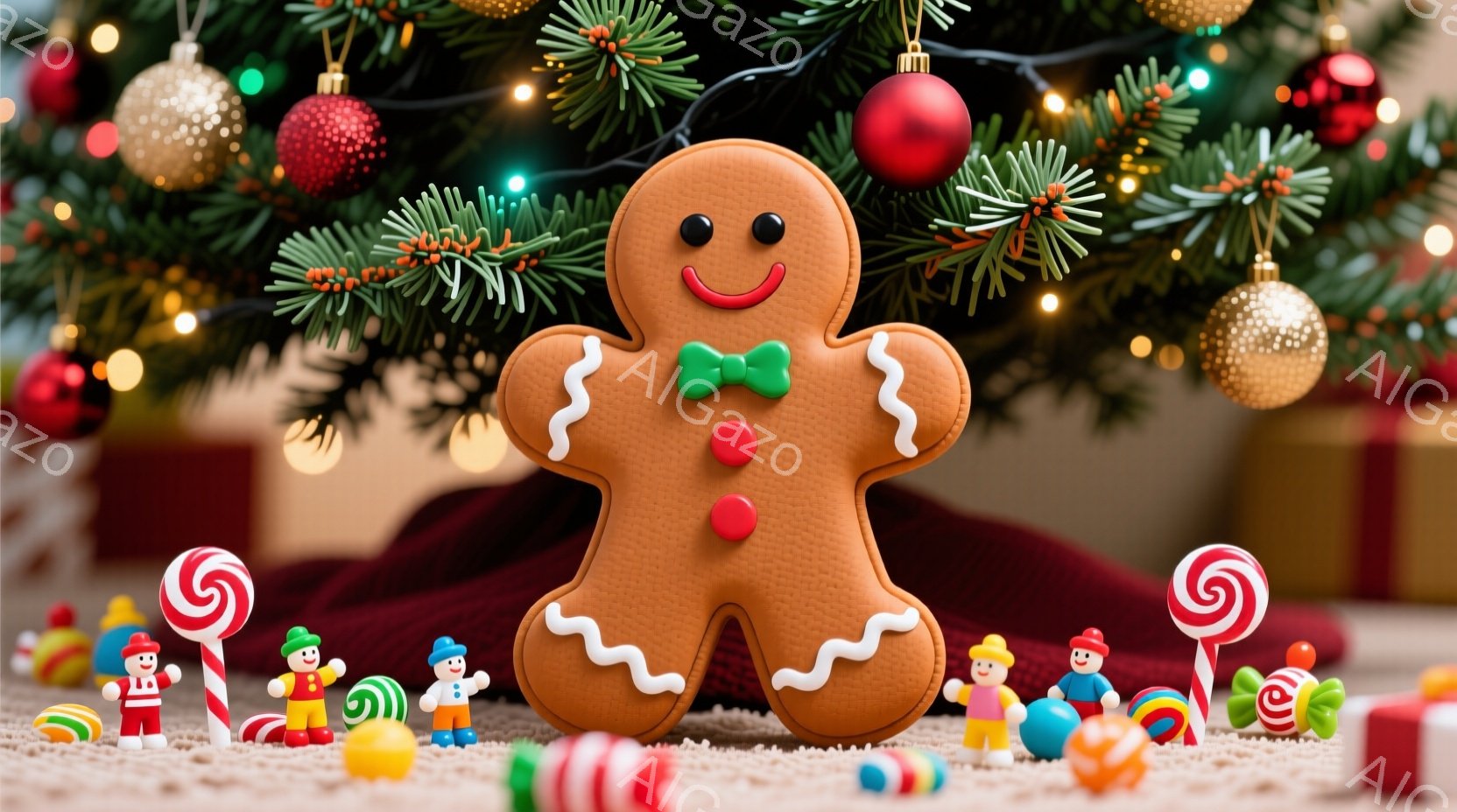 暖炉の敷物の上に、大きなジンジャーブレッドマンが立っています。周りには、カラフルなキャンディや小さな人形たちが並び、クリスマスの楽しい雰囲気を醸し出しています。背景には、クリスマスツリーが飾られ、温か - AI生成フリー素材