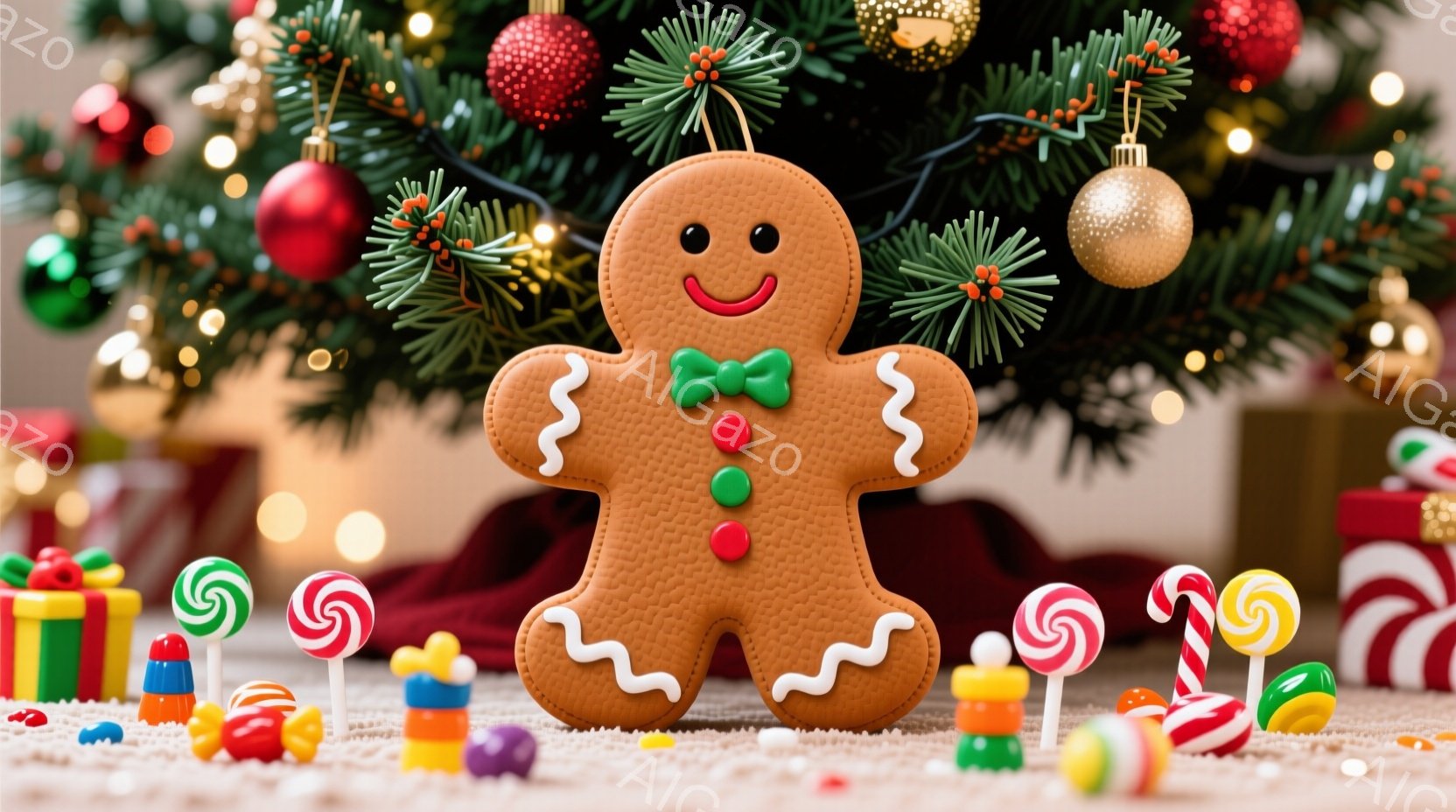 ジンジャーブレッドマンが正面を向いて立っており、緑のリボンと赤いボタンで飾られています。背景には、様々な色のキャンディとプレゼントが散りばめられ、クリスマスツリーがぼやけて見えます。全体的に温かく、お - AI生成フリー素材