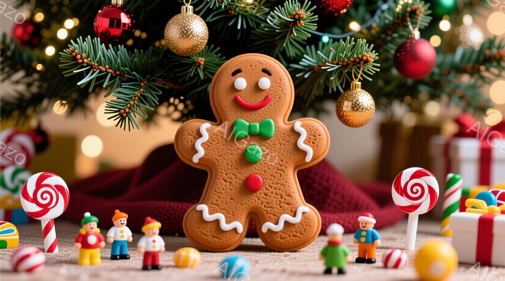 クリスマスツリーの前に、ジンジャーブレッドマンの大きなクッキーが置かれています。周囲にはキャンディや小さな人形たちが散らばっており、ギフトボックスが背景に見えます。全体的に温かく、お祝いの雰囲気で、ク - AI生成フリー素材