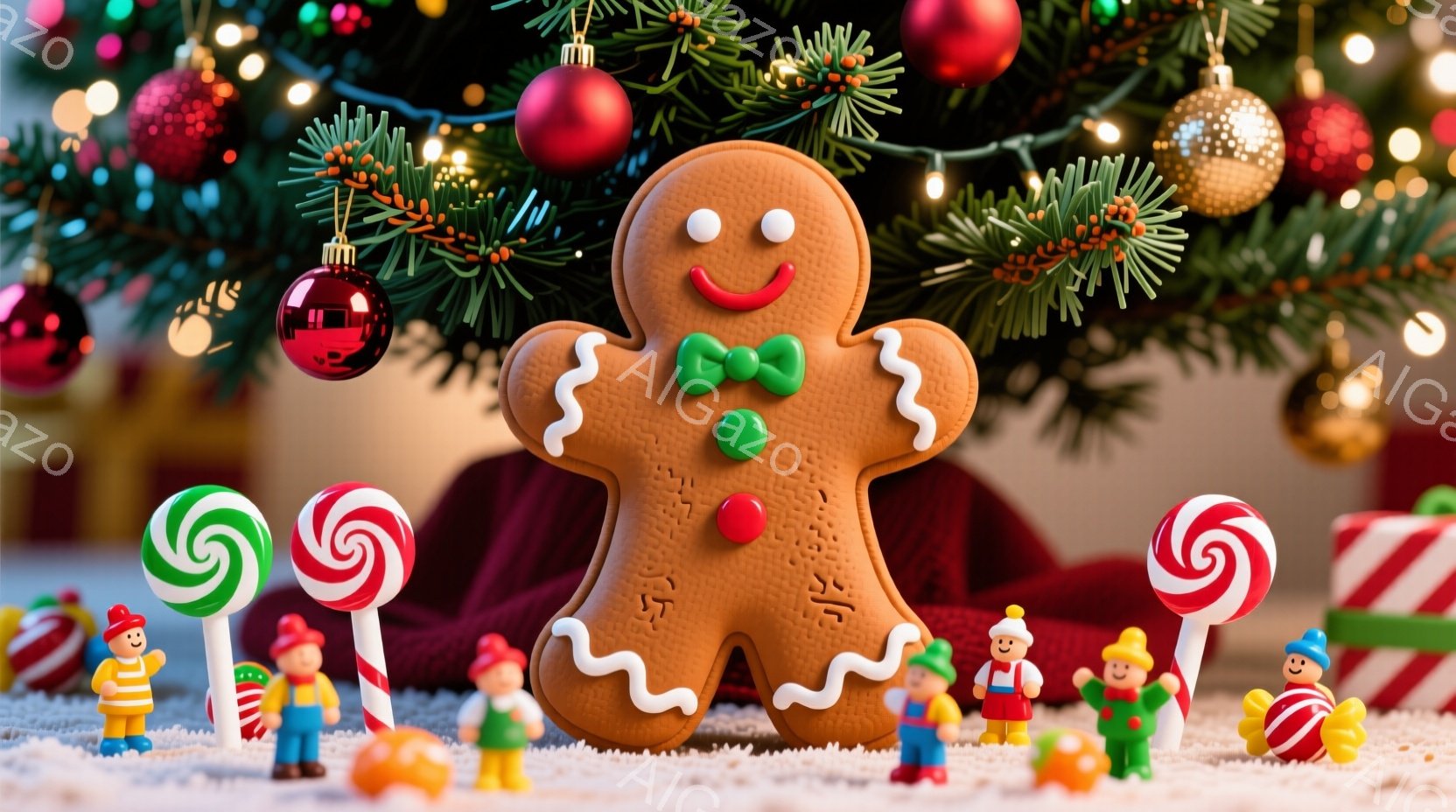ジンジャーブレッドマンが、クリスマスツリーの足元に立っており、周囲にはキャンディと小さな人形たちがいます。人形たちはカラフルな服を着ており、笑顔を見せています。背景には緑のクリスマスツリーと赤いオーナ - AI生成フリー素材