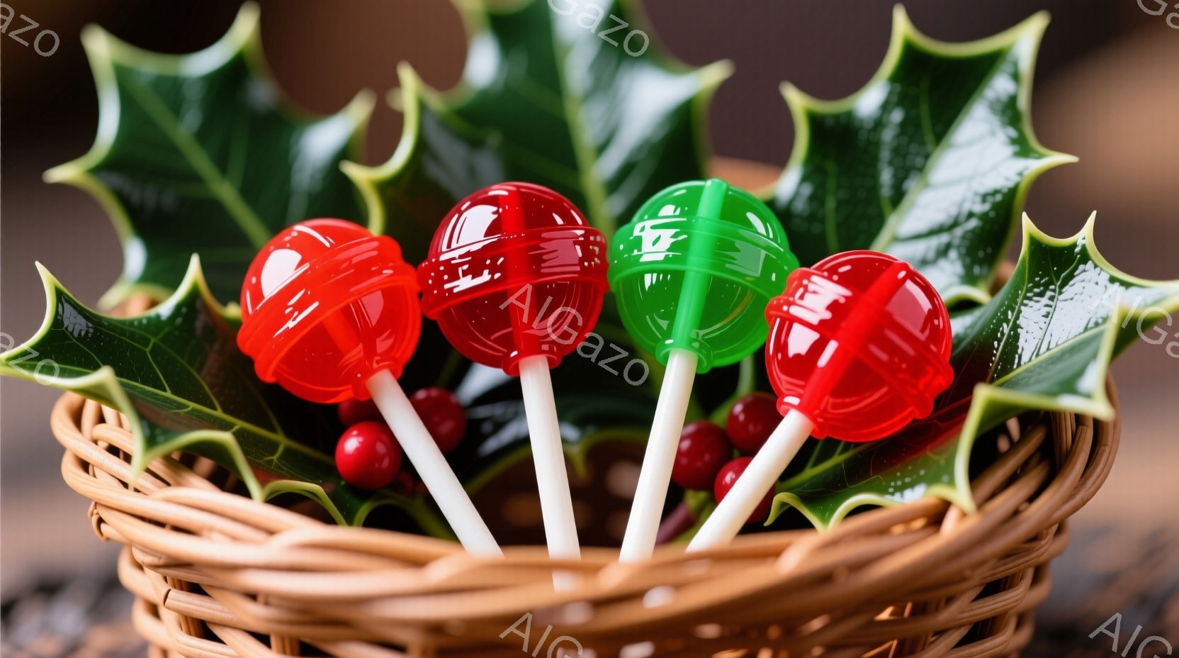 鮮やかな赤と緑の棒付きキャンディーが、編み込まれた籐のバスケットの中に並んでいる。背景には緑色の葉がぼやけており、季節感を感じさせる。全体的に明るく、お祝いムードを醸し出している。