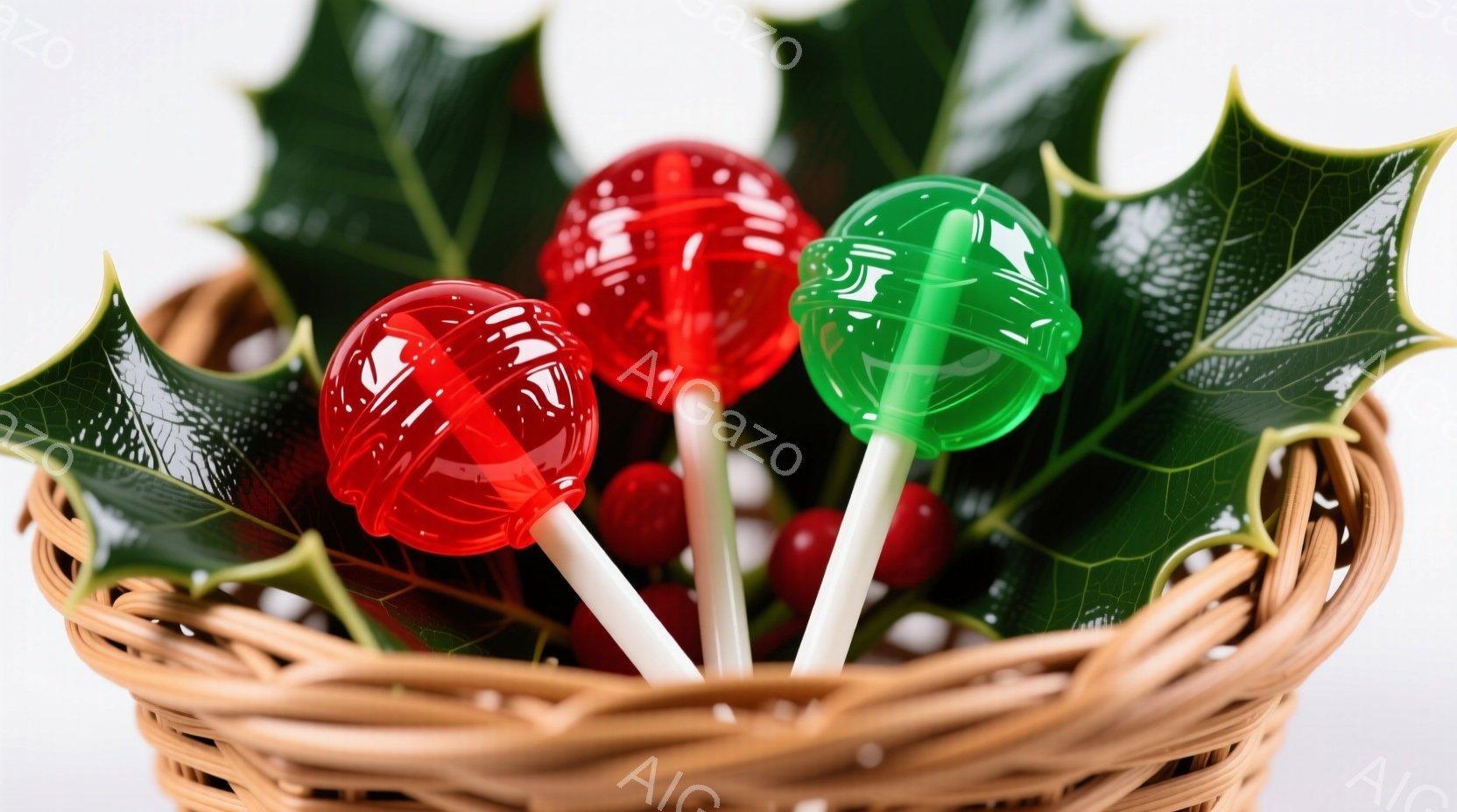 籠の中に、赤と緑の棒付きキャンディがいくつか入っています。背景にはホリデーシーズンを連想させる赤い実と緑の葉が見え、全体的に暖かく、お祝いの雰囲気が漂っています。この籠は、クリスマスや冬のイベントにお - AI生成フリー素材