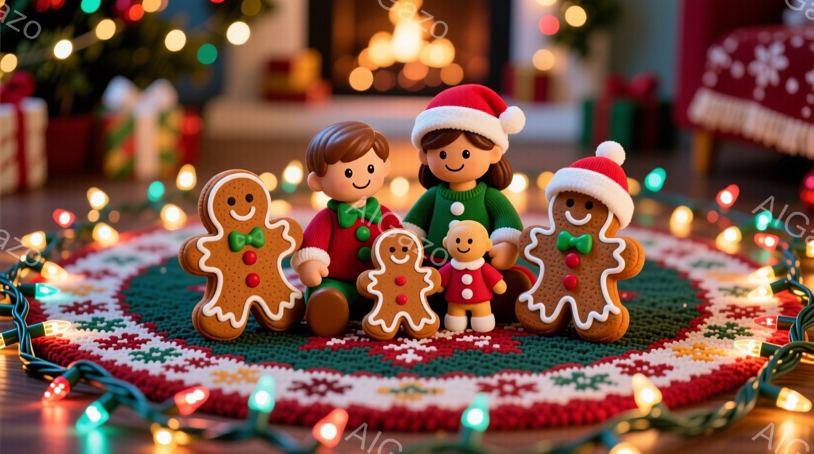 ジンジャーブレッドクッキーを模した家族が、赤い敷物の上に並んで立っています。母親は緑色のセーターと帽子をかぶり、父親と子供たちはそれぞれ緑と赤の服を着ています。背景にはクリスマスツリーのぼんやりとした - AI生成フリー素材