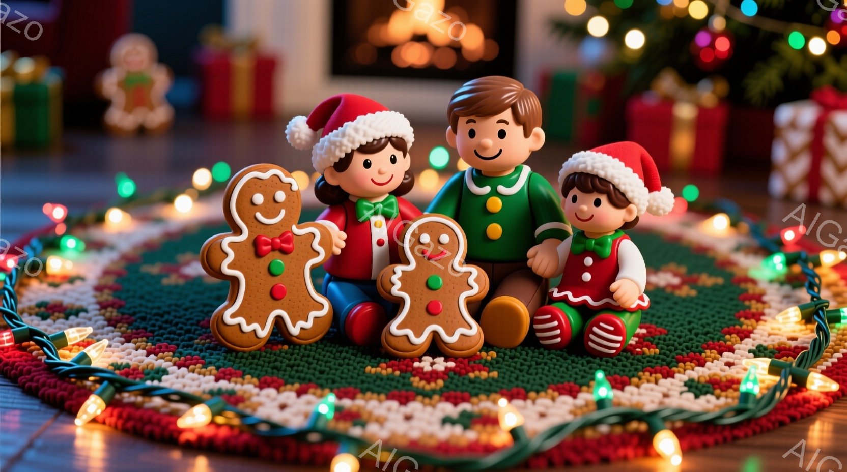 暖炉のそばに、ジンジャーブレッドマンの形をしたお菓子を持った家族が座っています。家族はそれぞれ赤いサンタ帽をかぶり、緑や赤い服を着ており、幸せそうな笑顔を浮かべています。背景にはクリスマスツリーやプレ - AI生成フリー素材