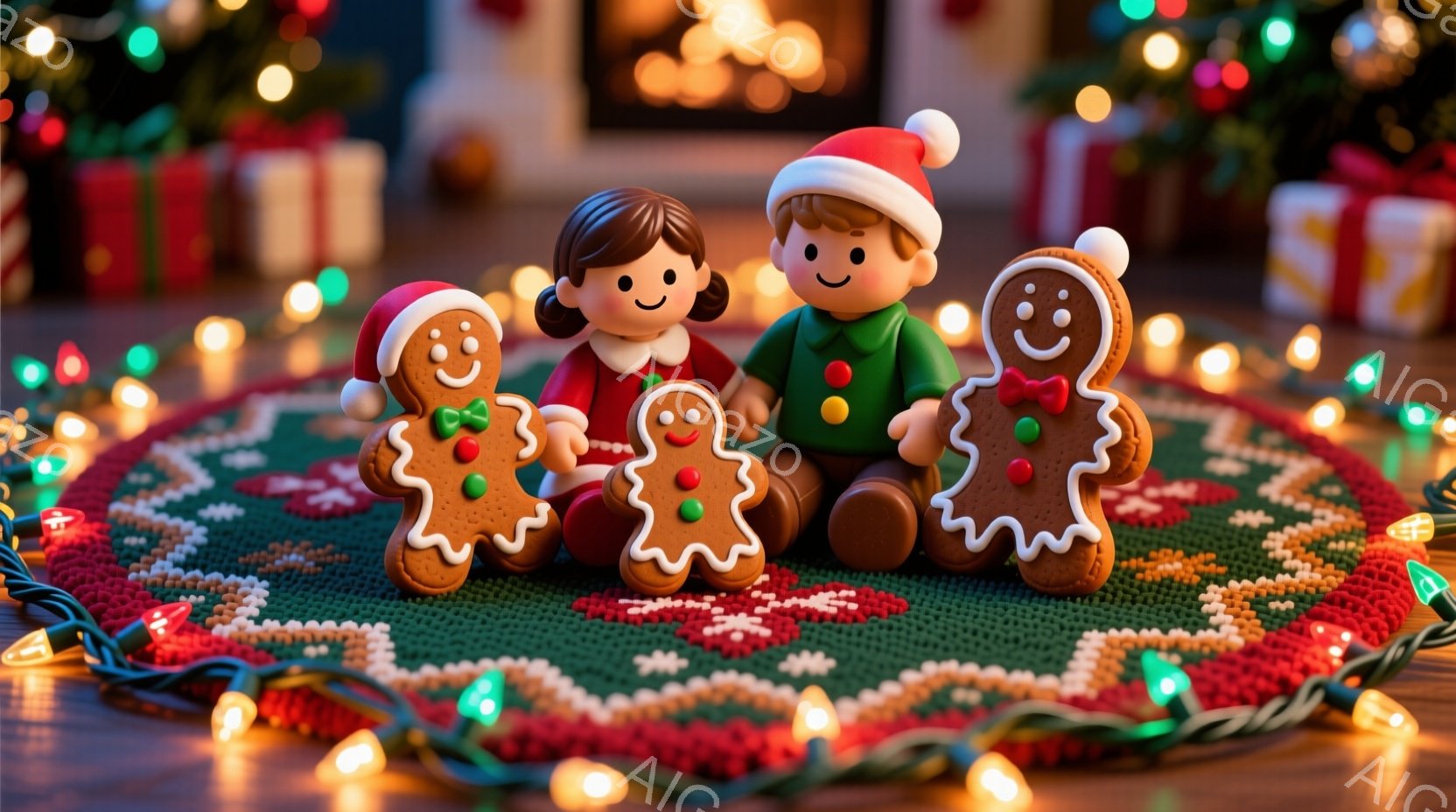 ジンジャーブレッドクッキーのような家族が、緑色の編み物の円形マットの上に座っています。彼らはそれぞれクリスマスらしい服装をしており、男の子はサンタ帽を被り、女の子は赤いドレスを着ています。背景には、ぼ - AI生成フリー素材