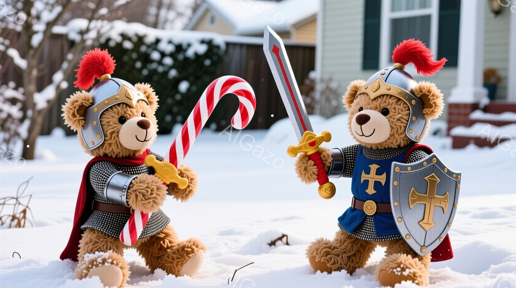白い雪景色の中に、中世の騎士の衣装を着た2匹のテディベアが立っています。片方のベアは赤い縞模様のマントを羽織り、キャンディケーンを持っています。もう一方のベアは青い衣装と盾と剣を持ち、雪の中で勇敢な姿 - AI生成フリー素材