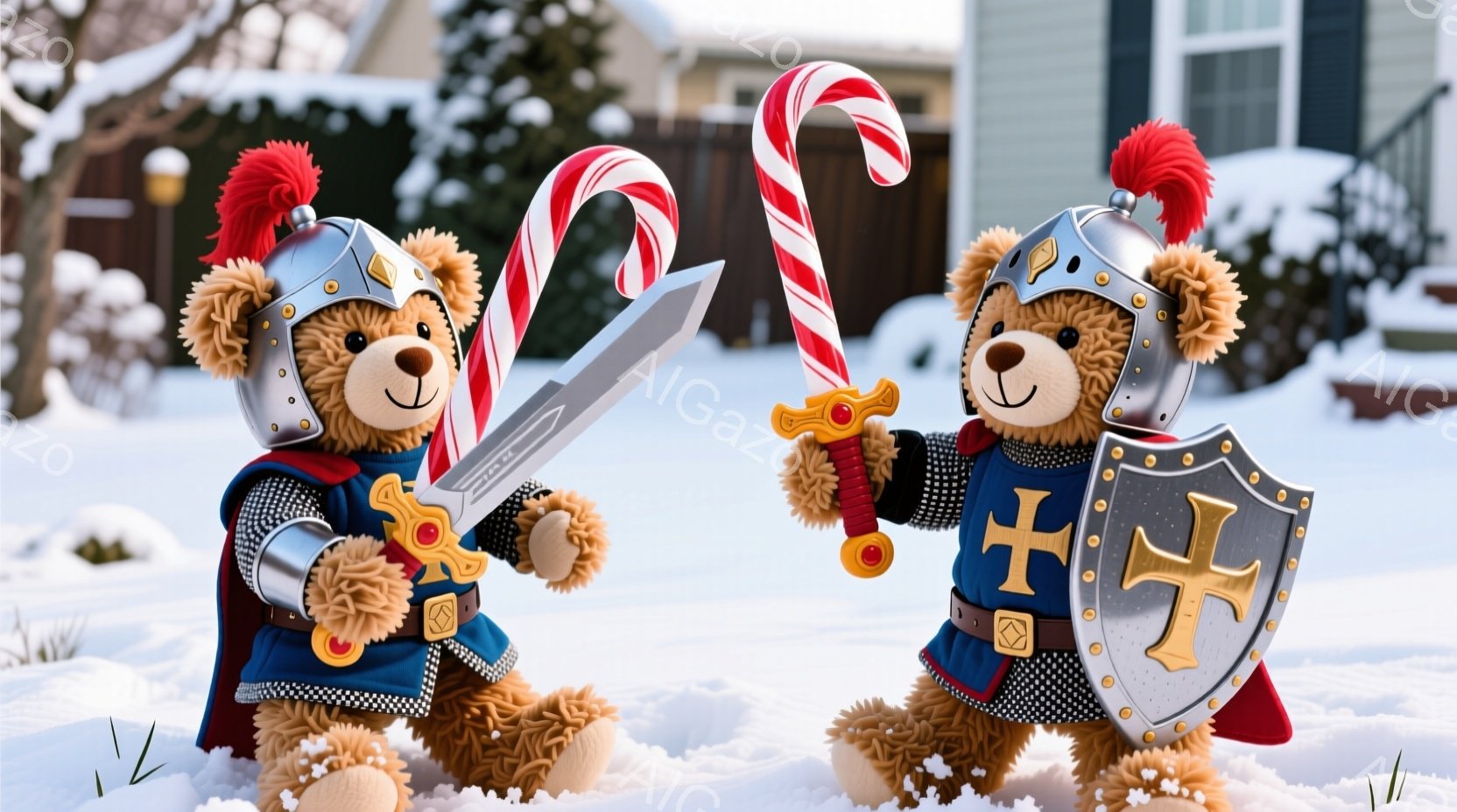 ふわふわのテディベアが中世の騎士の衣装を身に着け、雪景色の中で対峙している。ヘルメットをかぶり、片手に剣、もう片手に盾を持ち、真剣な表情で互いを見つめている。背景には住宅や木々がぼやけ、雪が降り積もっ - AI生成フリー素材