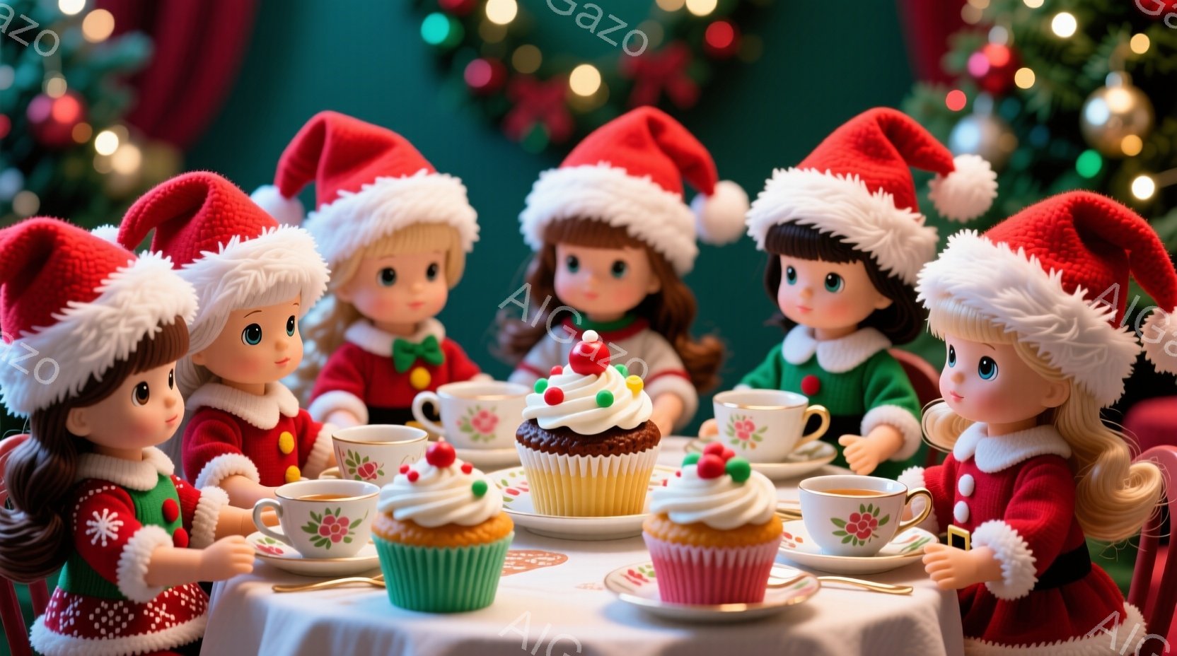 クリスマスをテーマにした可愛らしい人形たちが、白いテーブルを囲んでティータイムを楽しんでいます。人形たちは皆、緑色のセーターに赤いサンタ帽をかぶり、金色の髪をしています。背景にはぼやけたクリスマスツリ - AI生成フリー素材