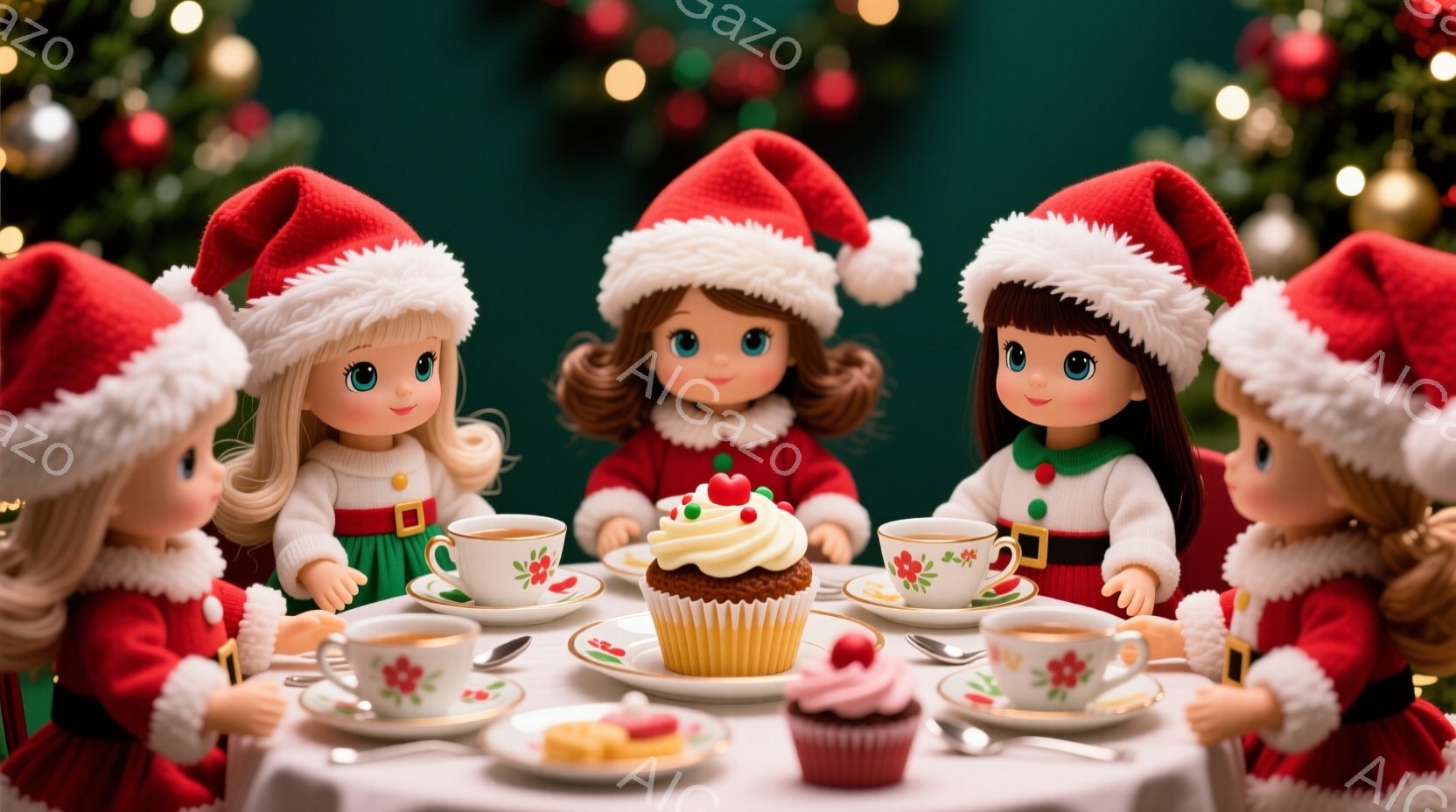 複数の少女たちがクリスマスの帽子をかぶり、白いセーターと赤いドレスを着て、テーブルを囲んでお茶会を楽しんでいます。彼女たちは可愛らしい笑顔でティーカップを手に持ち、カップケーキや小さなお菓子が並んだテ - AI生成フリー素材