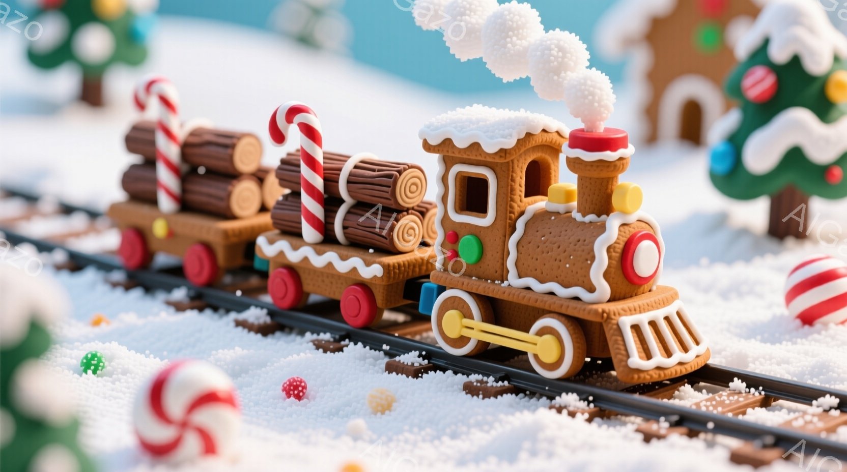 ジンジャーブレッドで作られた列車が、雪の上に敷かれた線路の上を走っています。列車は、ジンジャーブレッドで作られた丸太やキャンディケーンを積んだ貨車で構成され、煙突からは白い綿菓子のような蒸気が立ち上っ - AI生成フリー素材