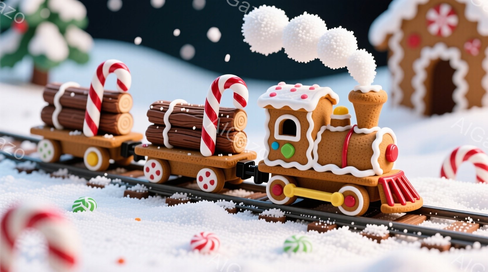 砂糖菓子で作られた列車が雪景色の中で走っています。車体はジンジャーブレッドで、キャンディケーンやチョコレートのログが積まれた貨車が連なっています。背景には雪で覆われた木々と、可愛らしいジンジャーブレッ - AI生成フリー素材