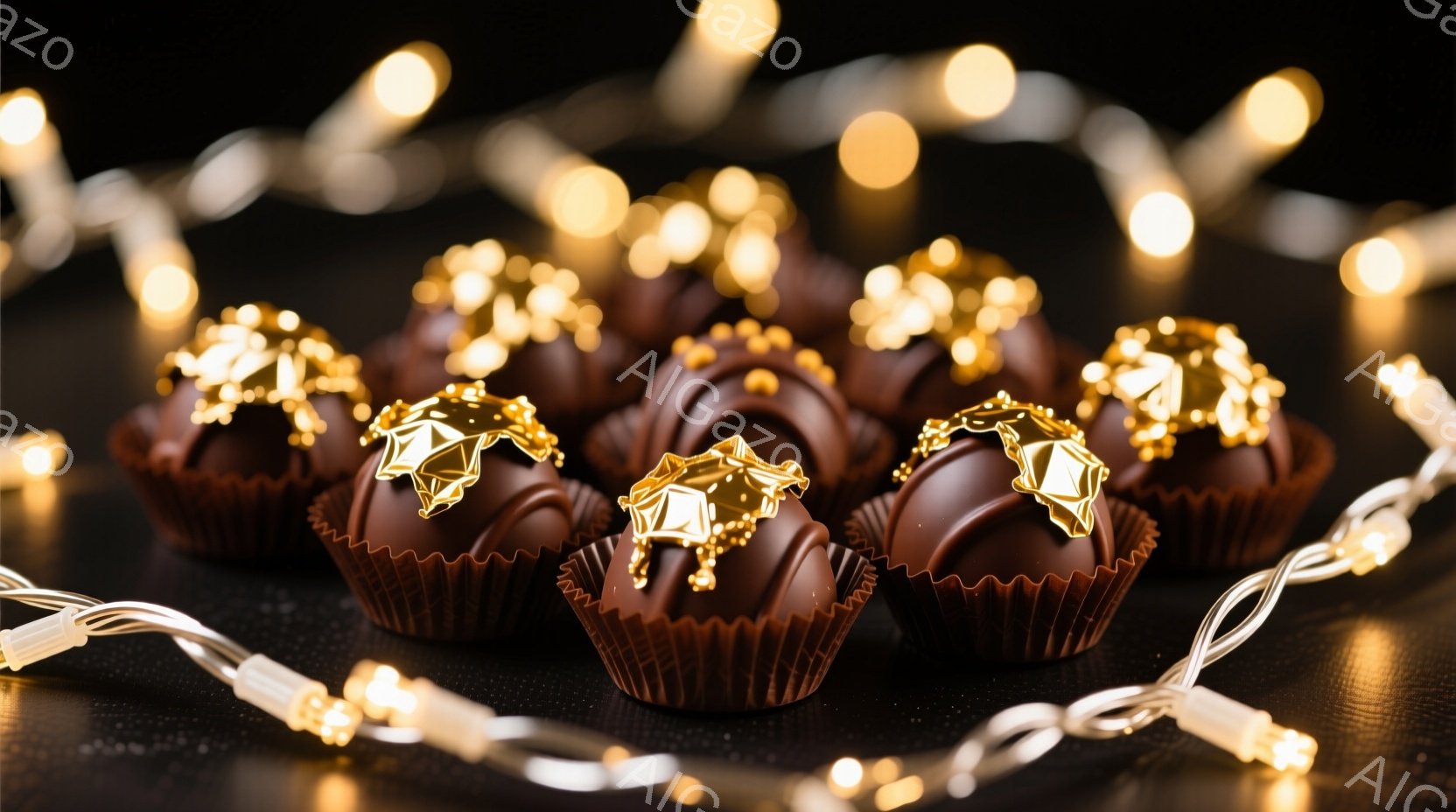 チョコレートのトリュフが紙製のカップに並んでおり、それぞれに金色の装飾が施されています。背景は暗く、ぼやけた黄色の光が点在するイルミネーションが、温かく幻想的な雰囲気を醸し出しています。全体的に、甘くて贅沢なデザートを強調した、特別な日のための美しい構図です。