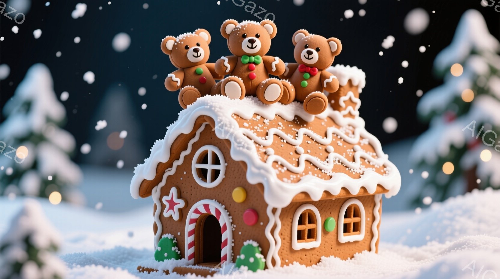 雪が降る冬の風景の中に、ジンジャーブレッドで作られた可愛らしい家が建っています。屋根の上には、リボンと帽子を被った三匹のテディベアが座っており、暖かく楽しい雰囲気を醸し出しています。家はキャンディケー - AI生成フリー素材