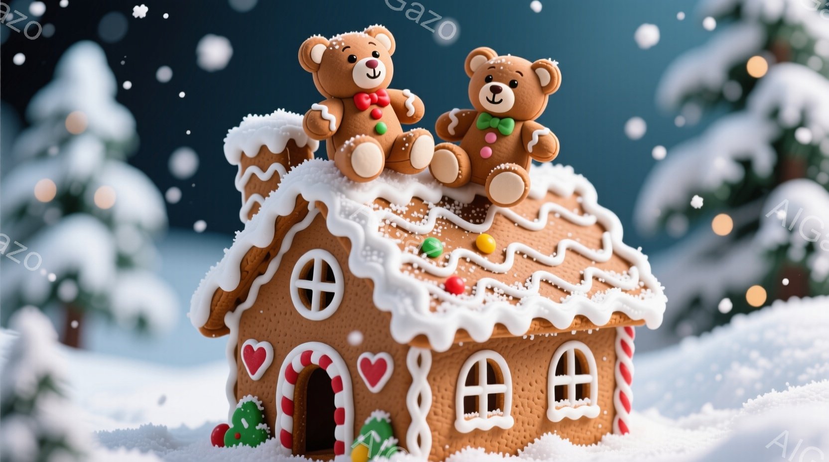 ジンジャーブレッドで作られた可愛らしい家が、雪景色の中にあります。屋根にはカラフルなキャンディや、白いアイシングで縁取られた装飾が施され、二匹のテディベアが可愛らしいリボンを付け、屋根の上で並んで座っ - AI生成フリー素材