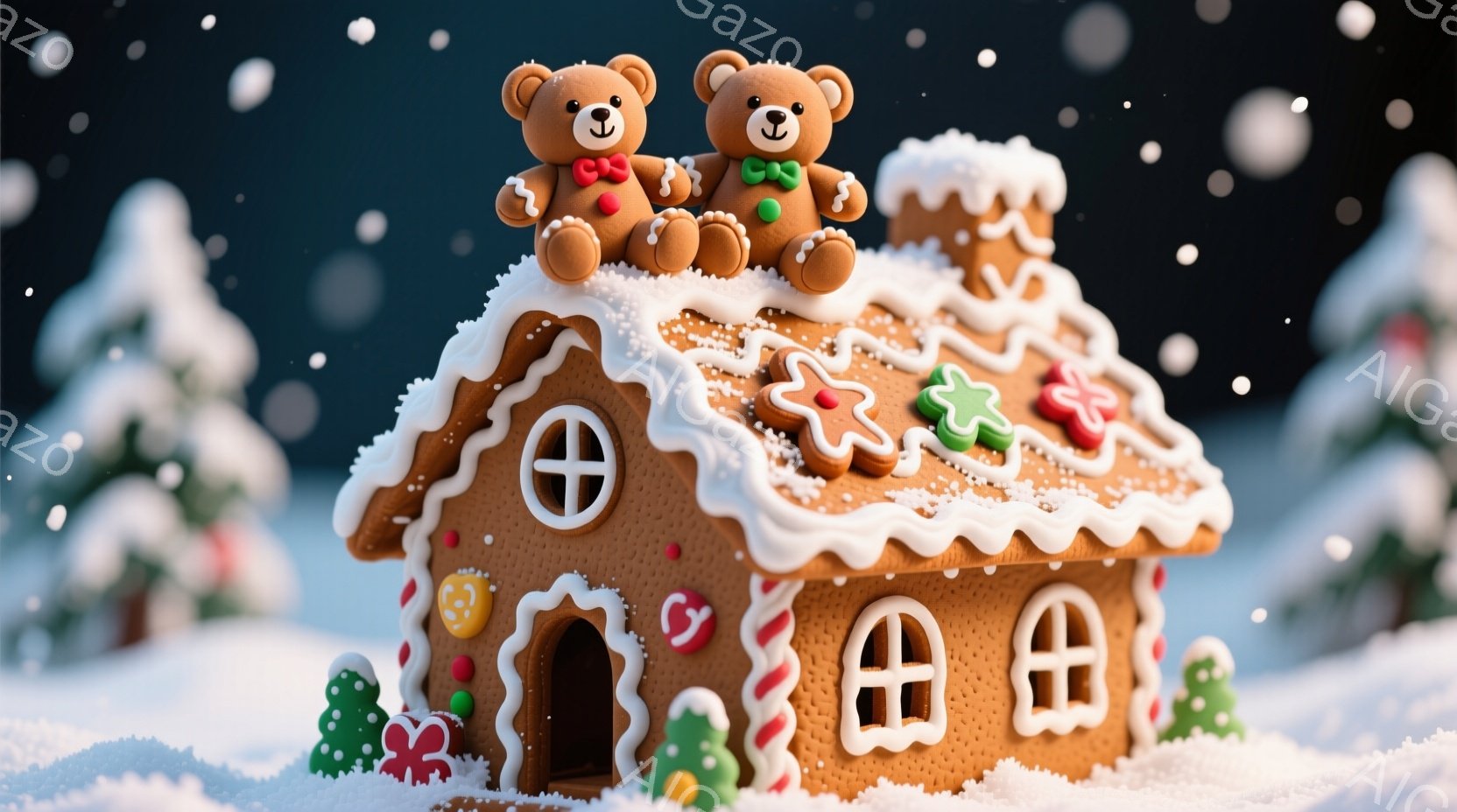 ジンジャーブレッドで作られた可愛らしい家が雪景色の中にあります。屋根の上には、赤いリボンと緑のリボンで飾られた2匹のテディベアが座っており、正面を向いて微笑んでいます。背景には雪に覆われた木々があり、 - AI生成フリー素材