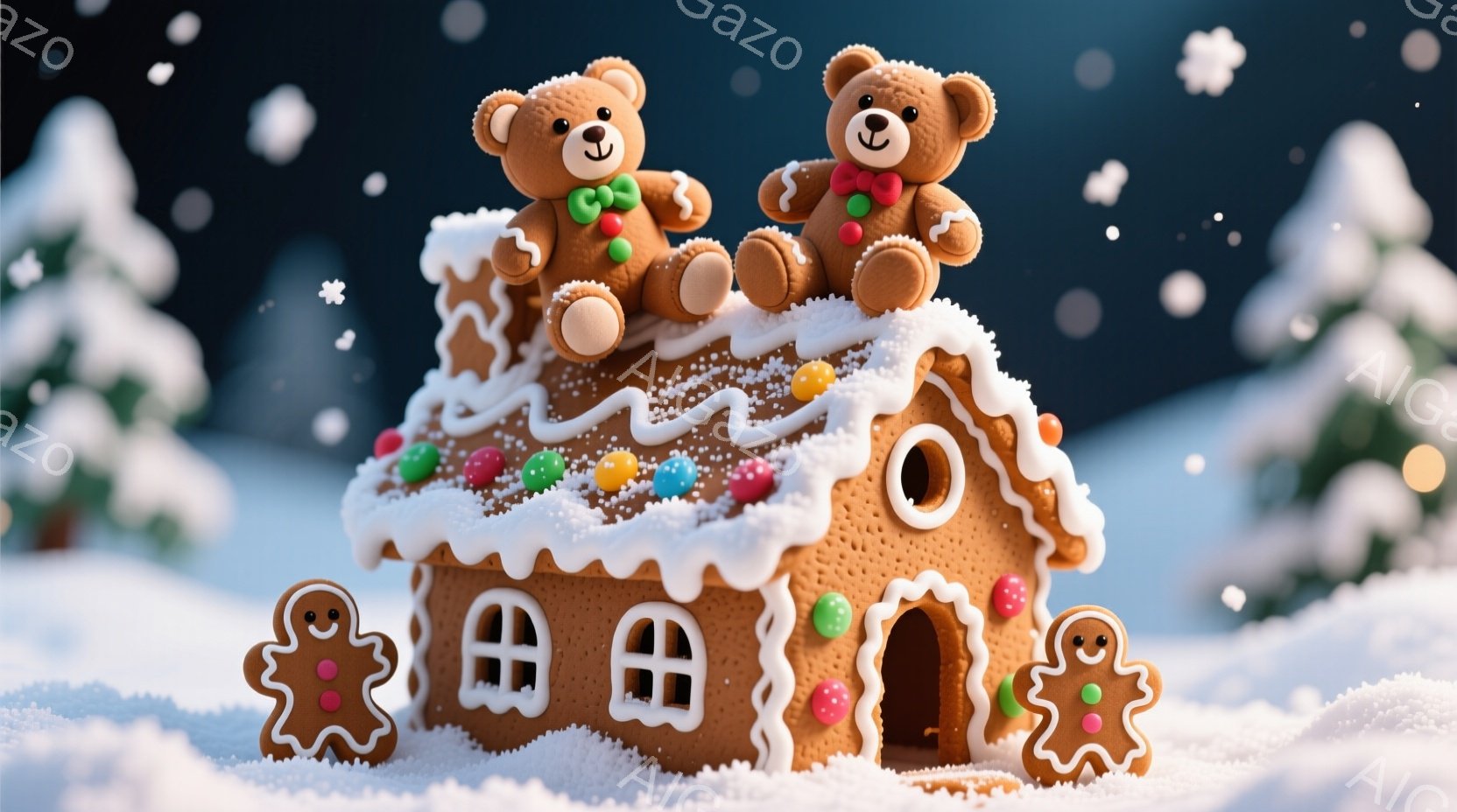 ジンジャーブレッドで作られた家が雪景色の中に建っており、屋根にはカラフルなキャンディが飾られています。家の屋根の上には、赤いリボンをつけた可愛らしいテディベアが2匹座っており、家の周りにはジンジャーブ - AI生成フリー素材