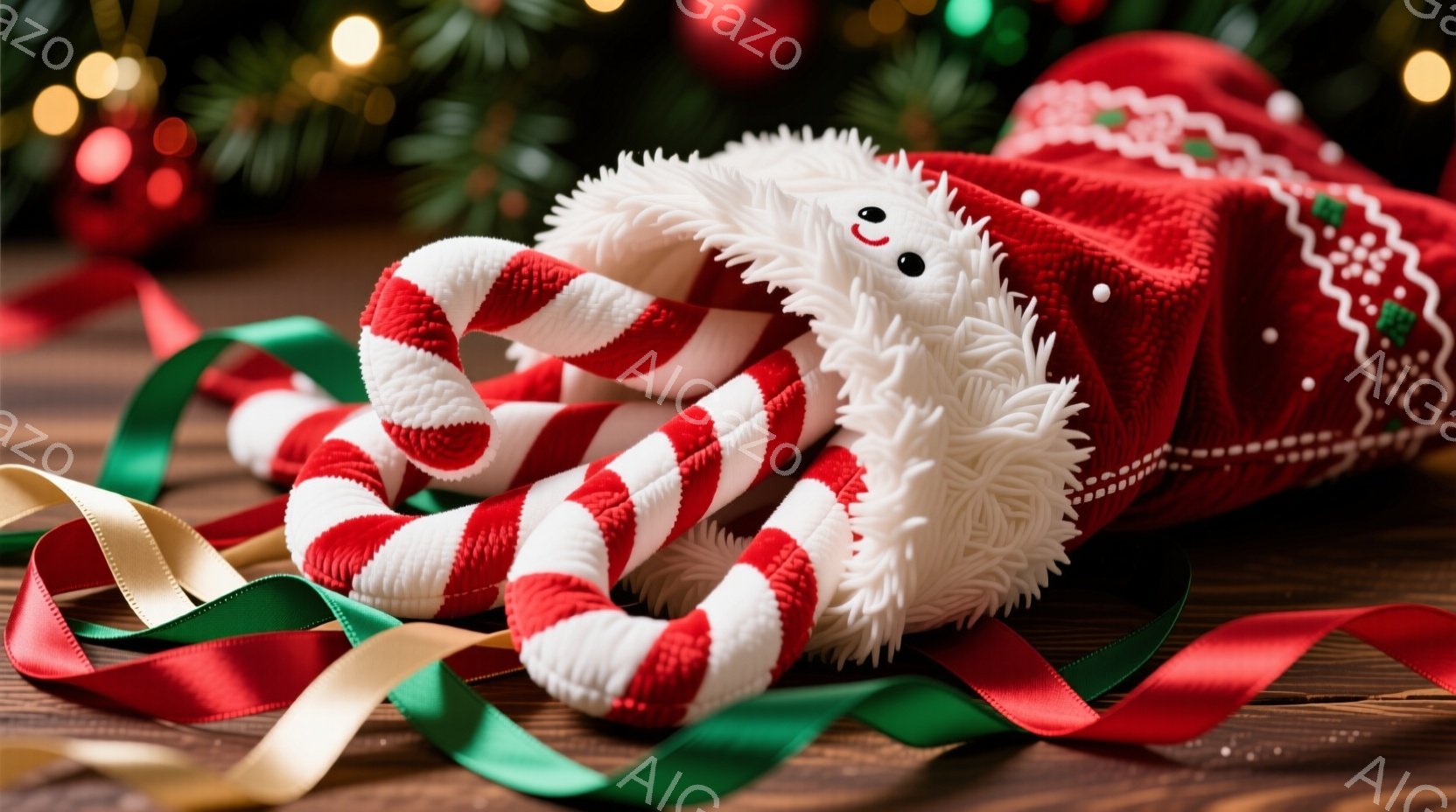 赤と白のしま模様のキャンディケーンが、クリスマス柄の赤い靴下から顔を出しています。キャンディケーンはつぶらな瞳と微笑みを浮かべ、可愛らしい表情をしています。背景にはぼやけたクリスマスツリーやリボンが見 - AI生成フリー素材