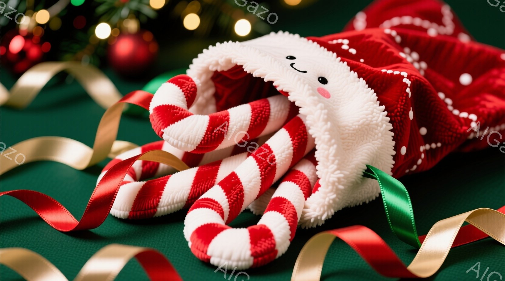 クリスマスらしい緑色の背景に、赤と白のストライプ模様のキャンディケーンのミトンがサンタクロースの帽子から覗いています。ミトンは可愛らしい表情をしており、帽子はふわふわの白い縁取りで飾られています。背景には、金色のリボンやぼやけたクリスマスツリーの装飾が散りばめられ、温かくお祝いの雰囲気を醸し出しています。