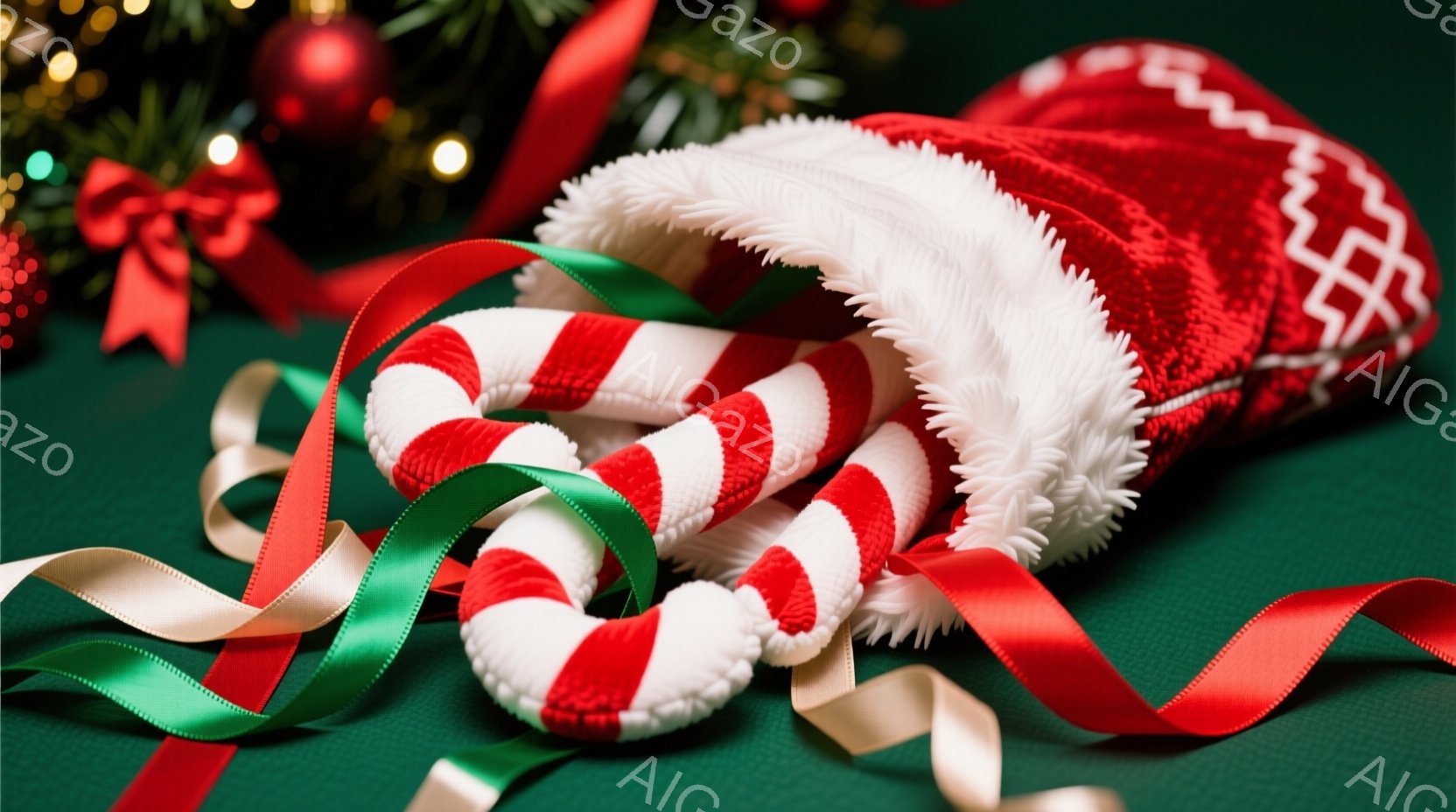 深緑色の背景に、クリスマス柄のキャンディケーンとサンタ帽が写っています。キャンディケーンは赤と白のストライプで、サンタ帽の白い毛皮のような縁に寄りかかっています。赤いリボンと緑色のリボンが背景に散りば - AI生成フリー素材