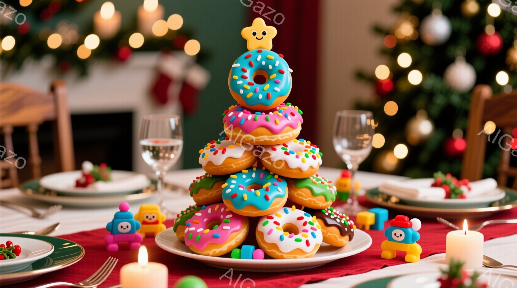 鮮やかな赤いテーブルクロスが敷かれたダイニングテーブルの中央には、ドーナツで作られたクリスマスツリーが飾られています。テーブルの周りには、おもちゃのような小さなロボットと、点灯されたキャンドル、そしてクリスマスの装飾が施された皿が置かれ、温かくお祝いの雰囲気を醸し出しています。背景にはぼやけたクリスマスツリーが見え、全体的に華やかで楽しいクリスマスの食卓の様子が伺えます。