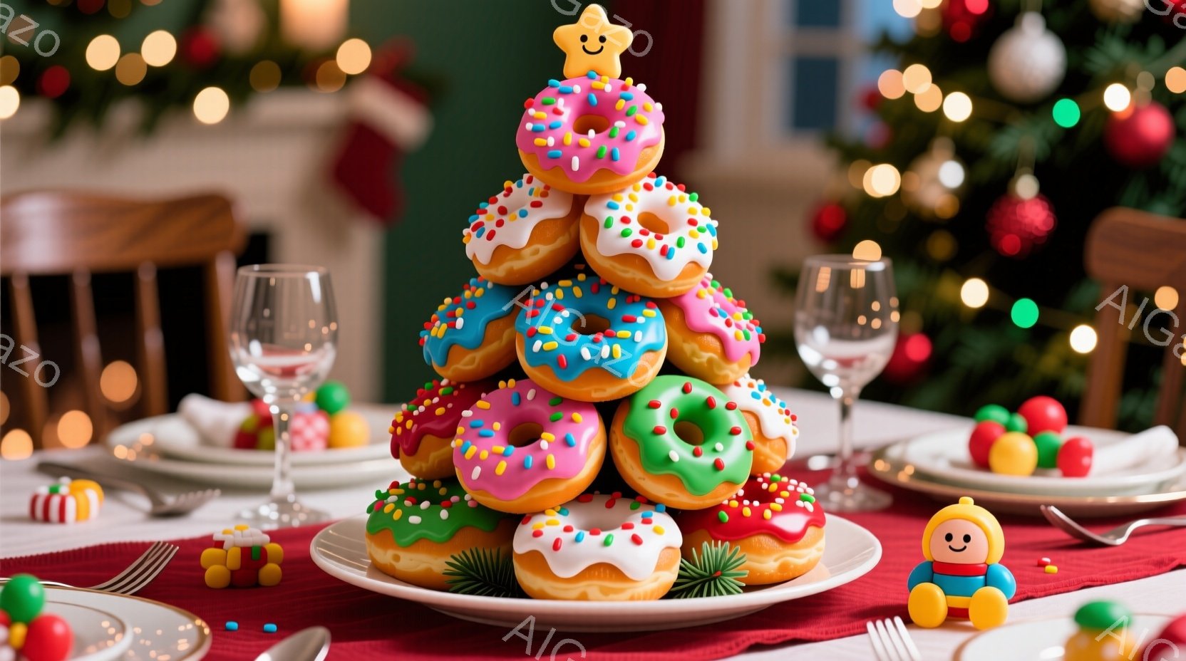 赤いテーブルクロスの上に、ドーナツで作られたクリスマスツリーが置かれています。色とりどりのドーナツが積み上げられ、その周りにはカラフルなキャンディや小さな人形のおもちゃが散りばめられています。背景には - AI生成フリー素材