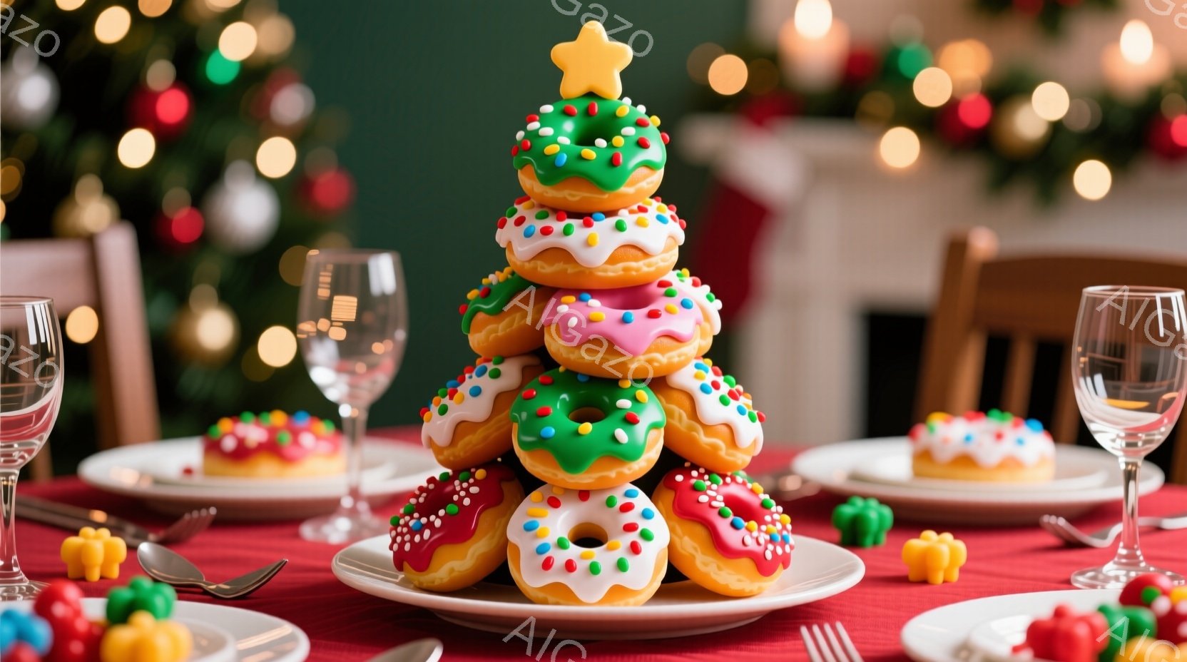 テーブルには赤いテーブルクロスが敷かれ、クリスマスの食事が準備されている様子が伺えます。ドーナツを積み重ねたクリスマスツリーのようなものが中央に置かれ、周囲には小さなキャンディや、別の皿に置かれたドーナツが散りばめられています。背景にはぼやけたクリスマスツリーのライトが見え、温かくお祝いムードに満ちた雰囲気です。