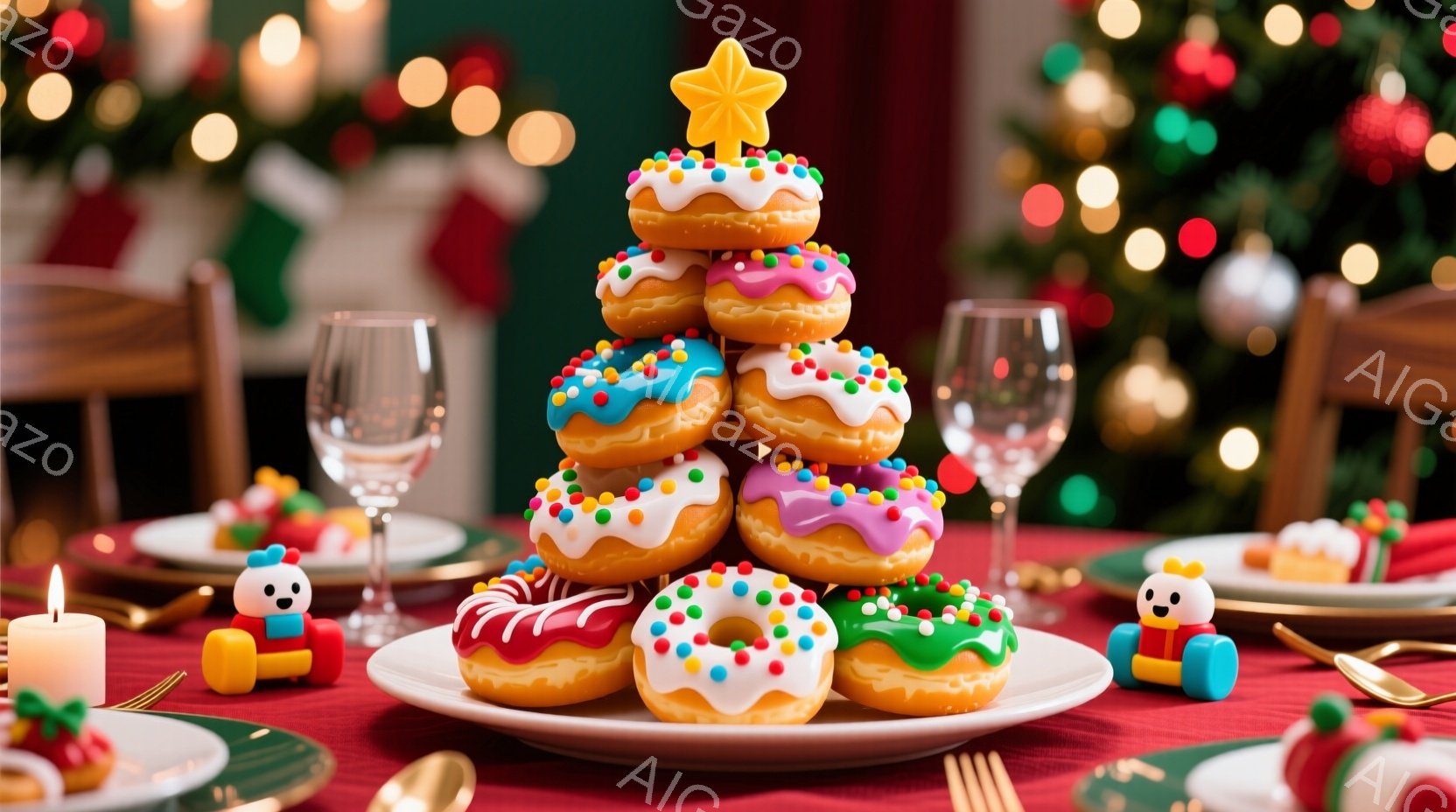 クリスマスを祝う食卓が写っている。ドーナツを積み重ねて作ったクリスマスツリーが中央にあり、その周りにはキャンドルや小さな人形、食器などが配置されている。背景にはぼやけたクリスマスツリーの飾りと光があり、暖かくお祝いムードに満ちた雰囲気である。