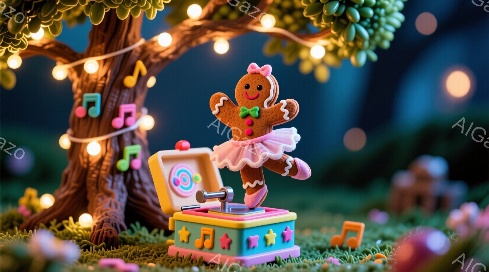 ジンジャーブレッドマンがバレリーナのようにポーズを取っており、ピンクのチュールスカートと赤いバレエシューズを身に着けている。彼はカラフルな音楽ボックスの上に立っており、周囲には音楽記号や星の飾り、そして小さなキノコのような建物が点在している緑豊かな草原が広がっている。全体的に、暖かく、幻想的で、おとぎ話のような雰囲気である。