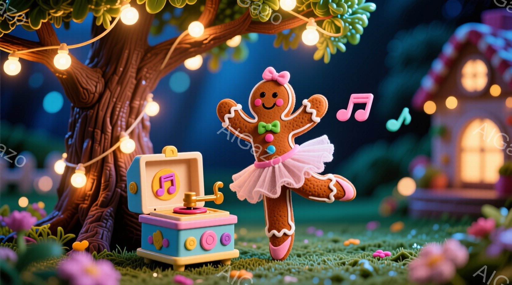 ジンジャーブレッドマンが、ピンクのチュールスカートとバレエシューズを身に着け、楽しそうに踊っています。背景には、電飾で飾られた大きな木と、可愛らしい家が見え、緑の芝生と花が咲き乱れています。全体的に暖 - AI生成フリー素材