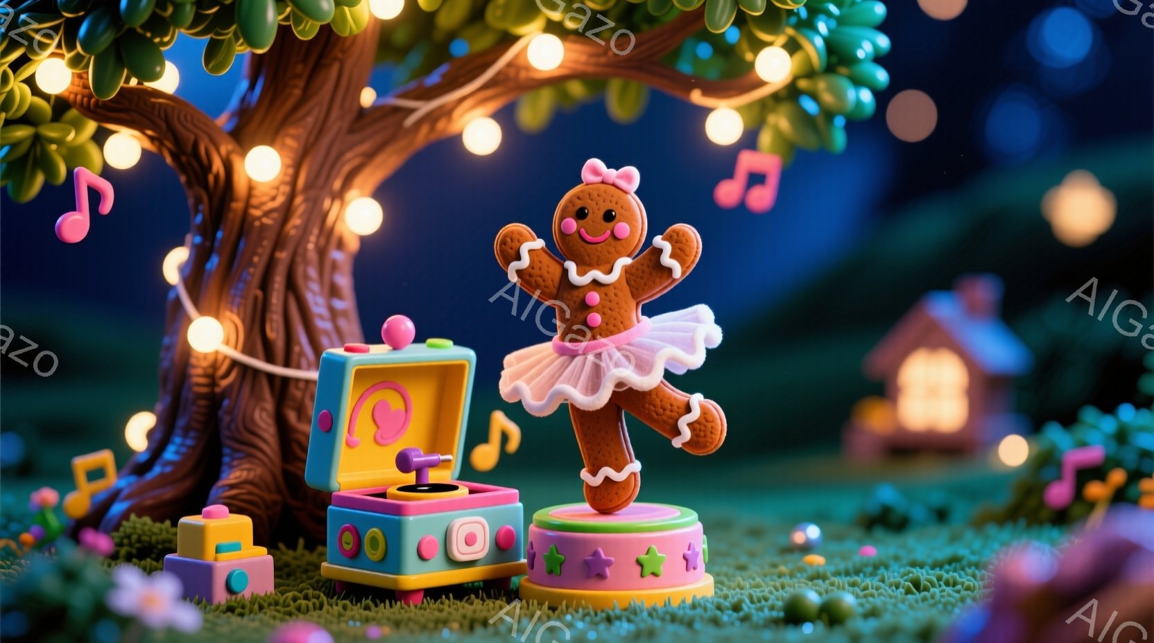 ジンジャーブレッドクッキーで作られたバレリーナが、ターコイズブルーの台の上に立って踊っています。背景には、カラフルな音楽プレーヤーや積み木が置かれ、緑の芝生の上に可愛らしい家が並んでいます。夜空には音楽記号が浮かび、全体的に夢のような、おとぎ話のような雰囲気が漂っています。