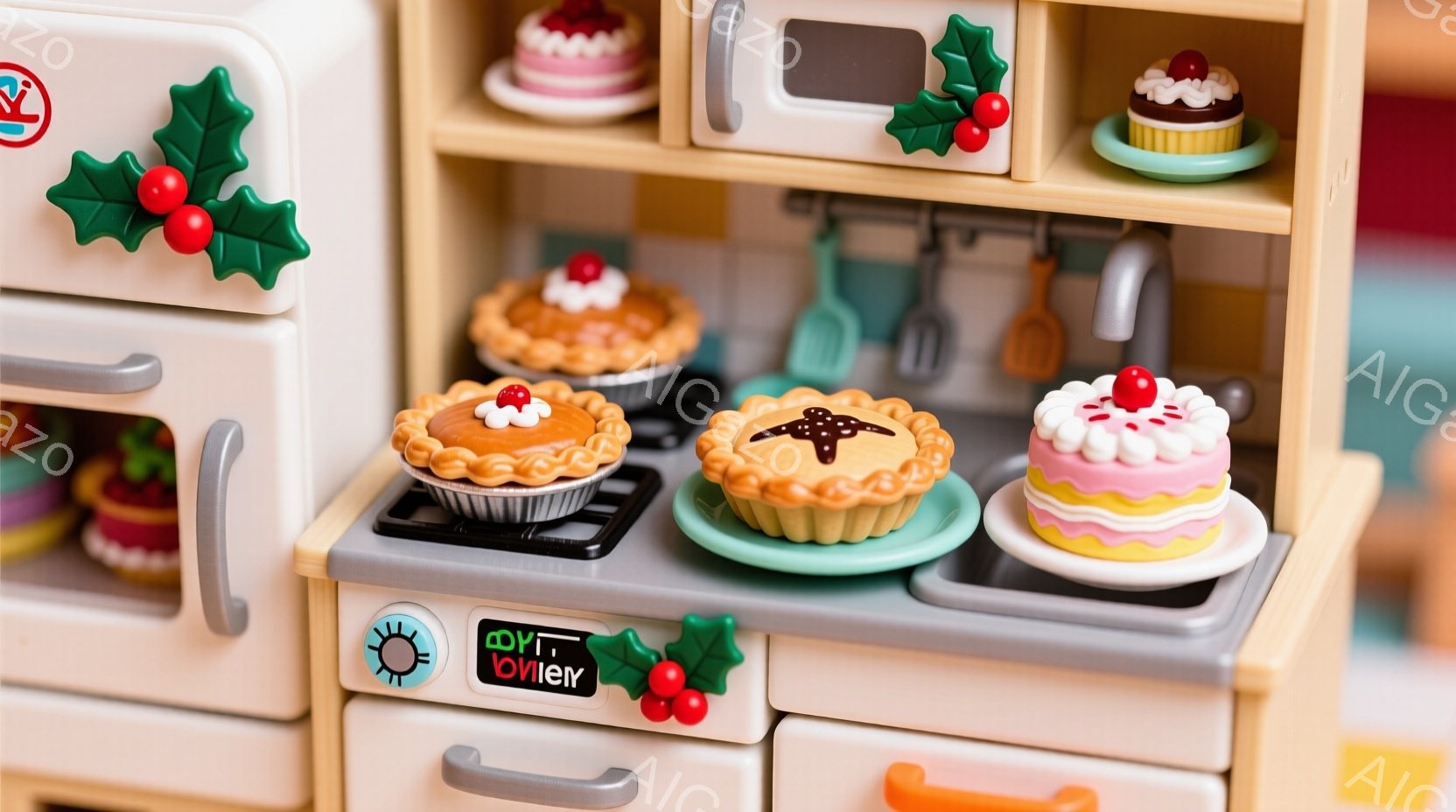 白いおもちゃのキッチンレンジの上が、可愛らしいお菓子でいっぱいになっています。パイ、タルト、ケーキなどのミニチュアフードが、まるで本物のように丁寧に作られており、クリスマスの飾りも添えられています。全 - AI生成フリー素材