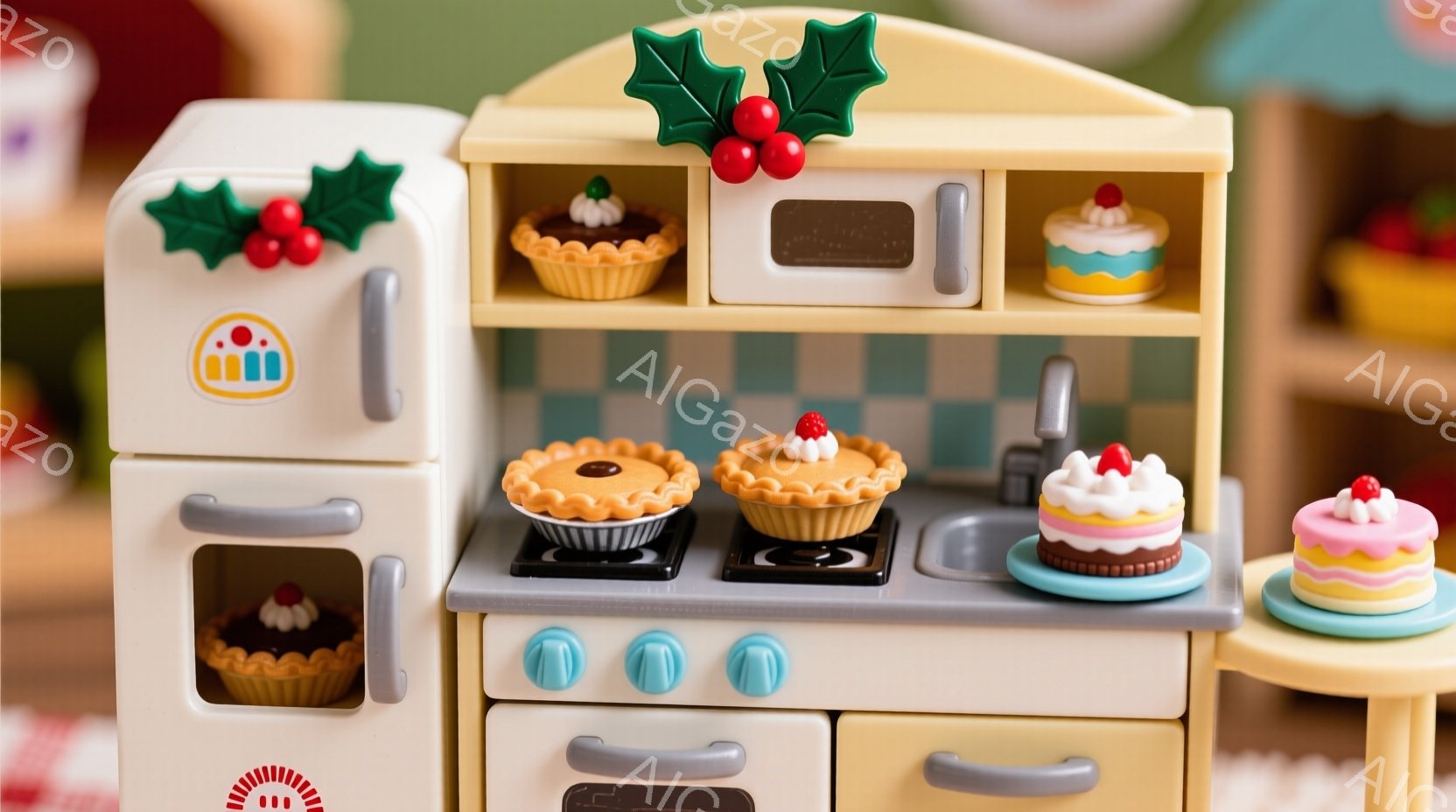 白いミニチュアのキッチンが写っており、オーブンと調理台には様々なタルトやケーキが並べられています。キッチンの背景には、水色のタイルと木製のキャビネットがあり、全体的に温かく可愛らしい雰囲気です。クリス - AI生成フリー素材