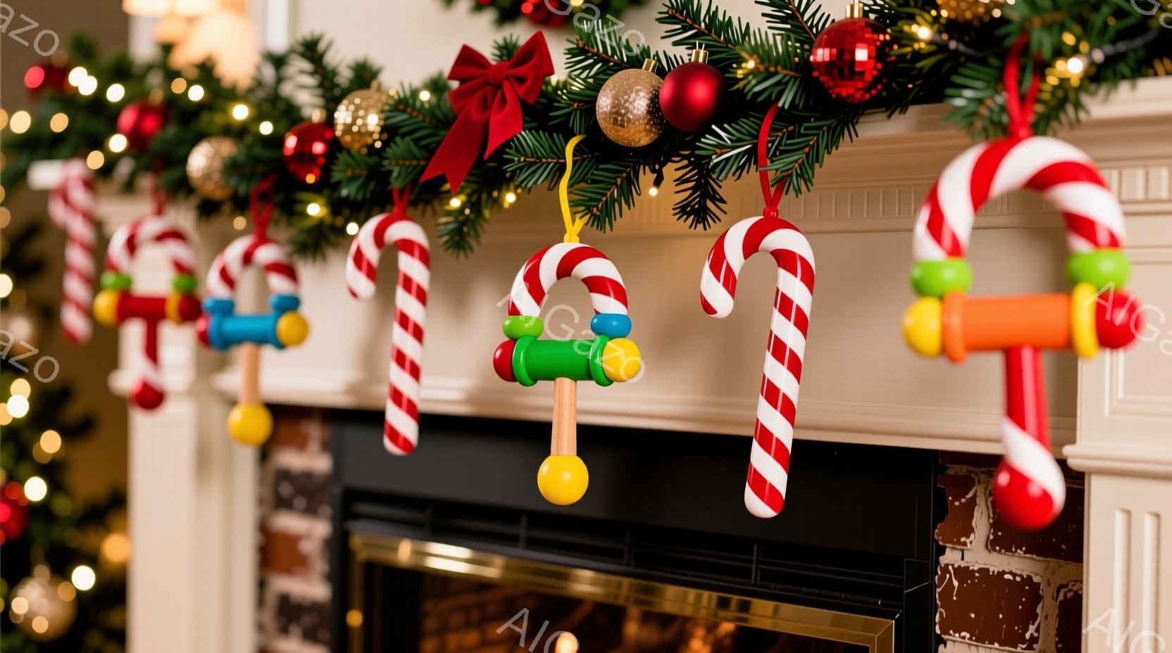 クリスマスデコレーションが暖炉の上に飾られています。キャンディケーンのようなストライプ柄のオーナメントが複数、赤いリボンと常緑樹のガーランドに吊るされています。背景にはレンガ造りの暖炉と、ぼんやりとし - AI生成フリー素材