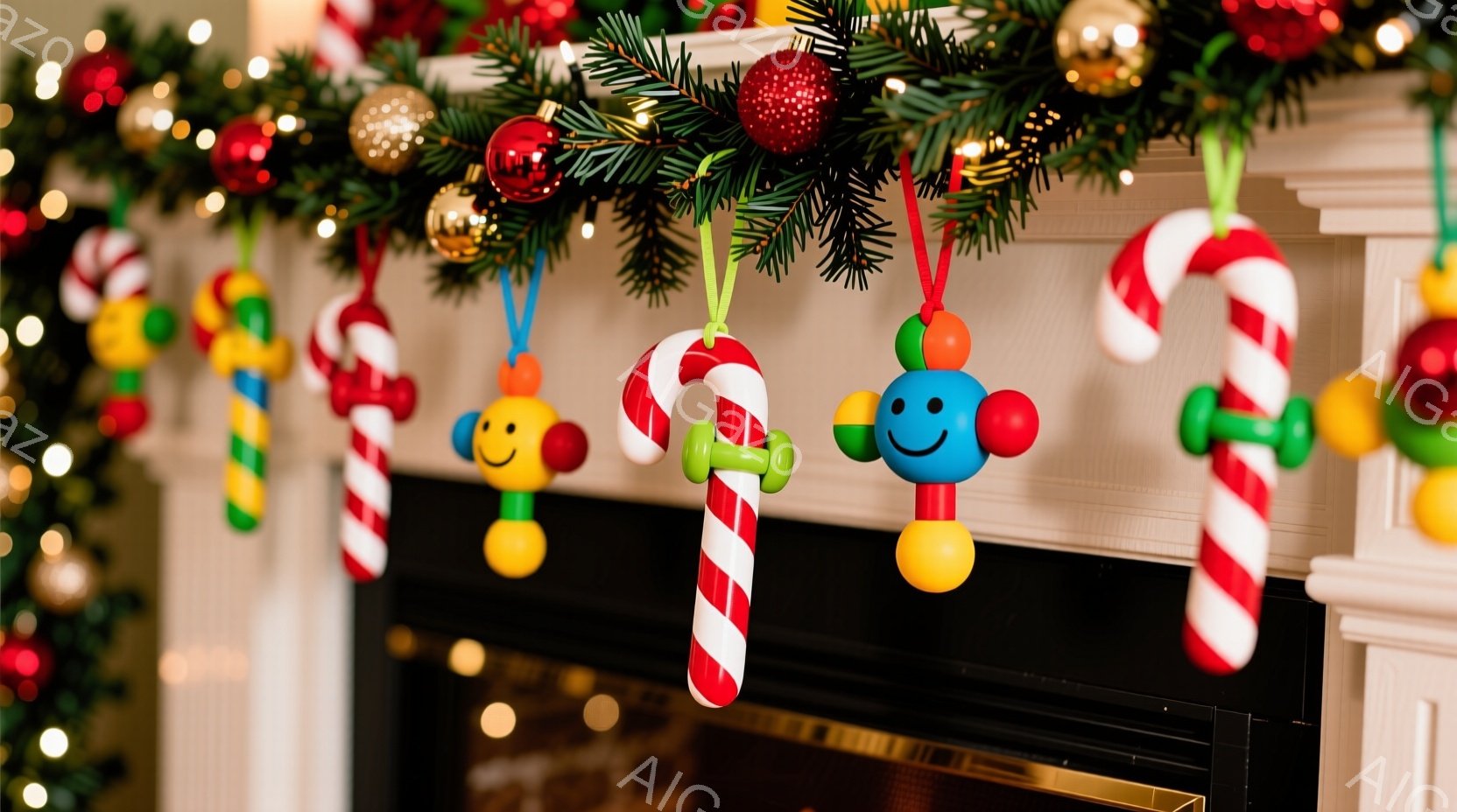 クリスマスデコレーションが写っており、キャンディケーンのオーナメントが緑のガーランドに吊るされています。各キャンディケーンにはカラフルな丸い顔と腕が付いており、それぞれ異なる表情をしています。背景には - AI生成フリー素材