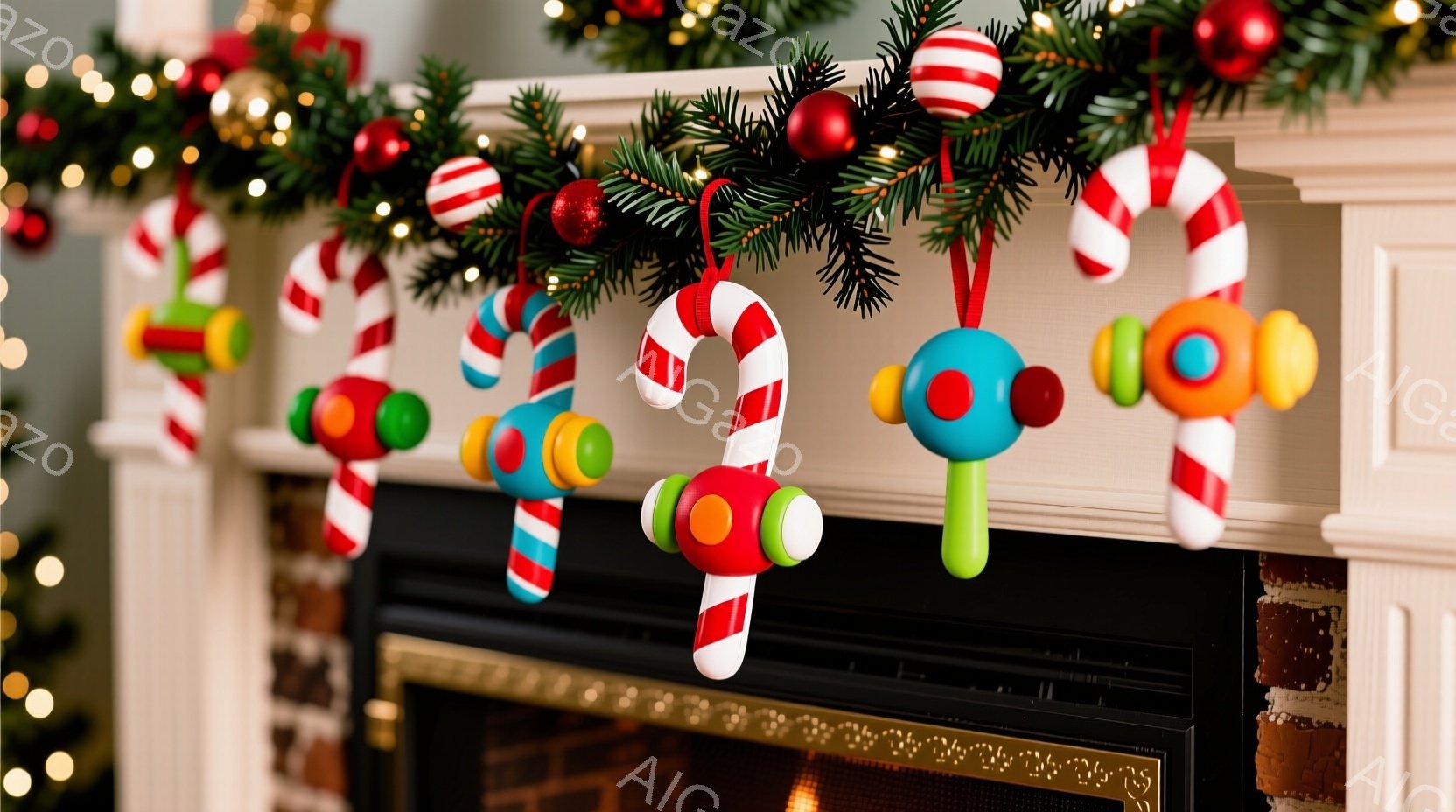 クリスマスデコレーションが暖炉の上に飾られています。赤と白のキャンディケーン模様のオーナメントが緑の葉と赤い実のガーランドに吊るされており、暖かく華やかな雰囲気を演出しています。暖炉のレンガの背景が、 - AI生成フリー素材