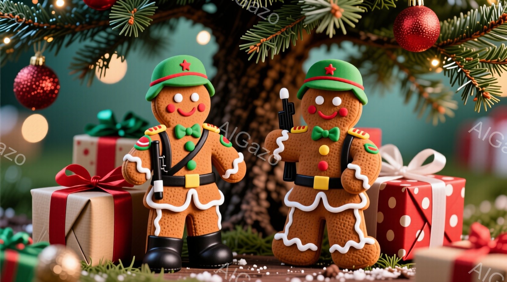 ジンジャーブレッドマン2人が、クリスマスツリーの前に整列して立っています。それぞれ軍服のような衣装を着ており、帽子には赤い星がついています。背景には、プレゼントが積み重ねられ、キラキラとした装飾が散り - AI生成フリー素材