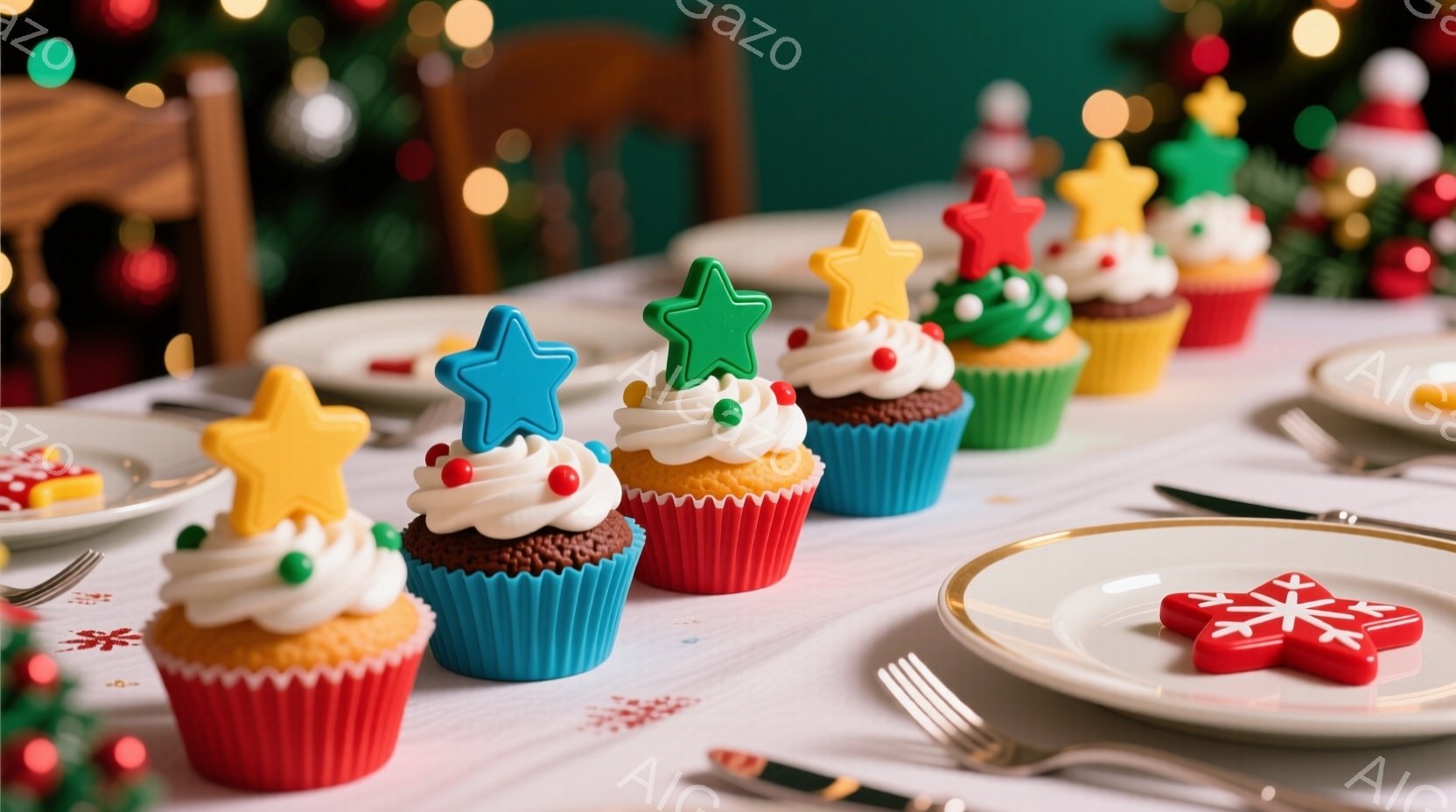 クリスマスを祝うために、カラフルなカップケーキが整然と並べられています。赤、青、緑のカップケーキには、星形のトッピングが飾られ、それぞれにカラフルなスプリンクルが添えられています。背景にはぼんやりとク - AI生成フリー素材