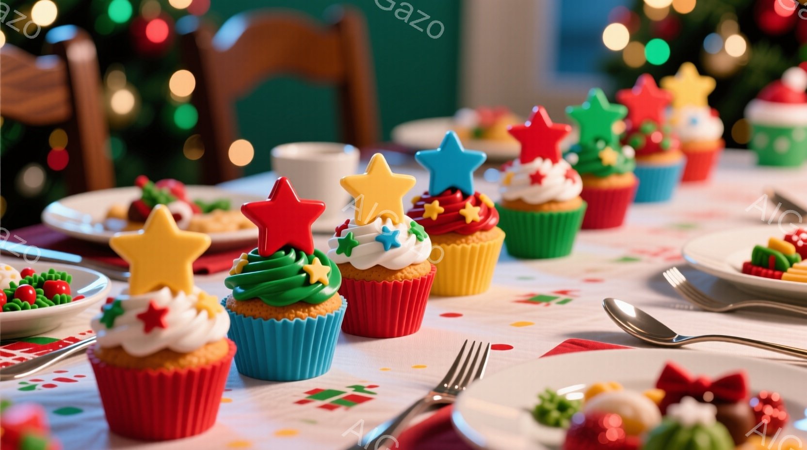 クリスマスを祝うためのテーブルセッティングが写っている。カラフルなカップケーキが並べられており、それぞれに星形の飾りやクリスマスツリーの形をしたトッピングが施されている。背景には、ぼやけたクリスマスツ - AI生成フリー素材