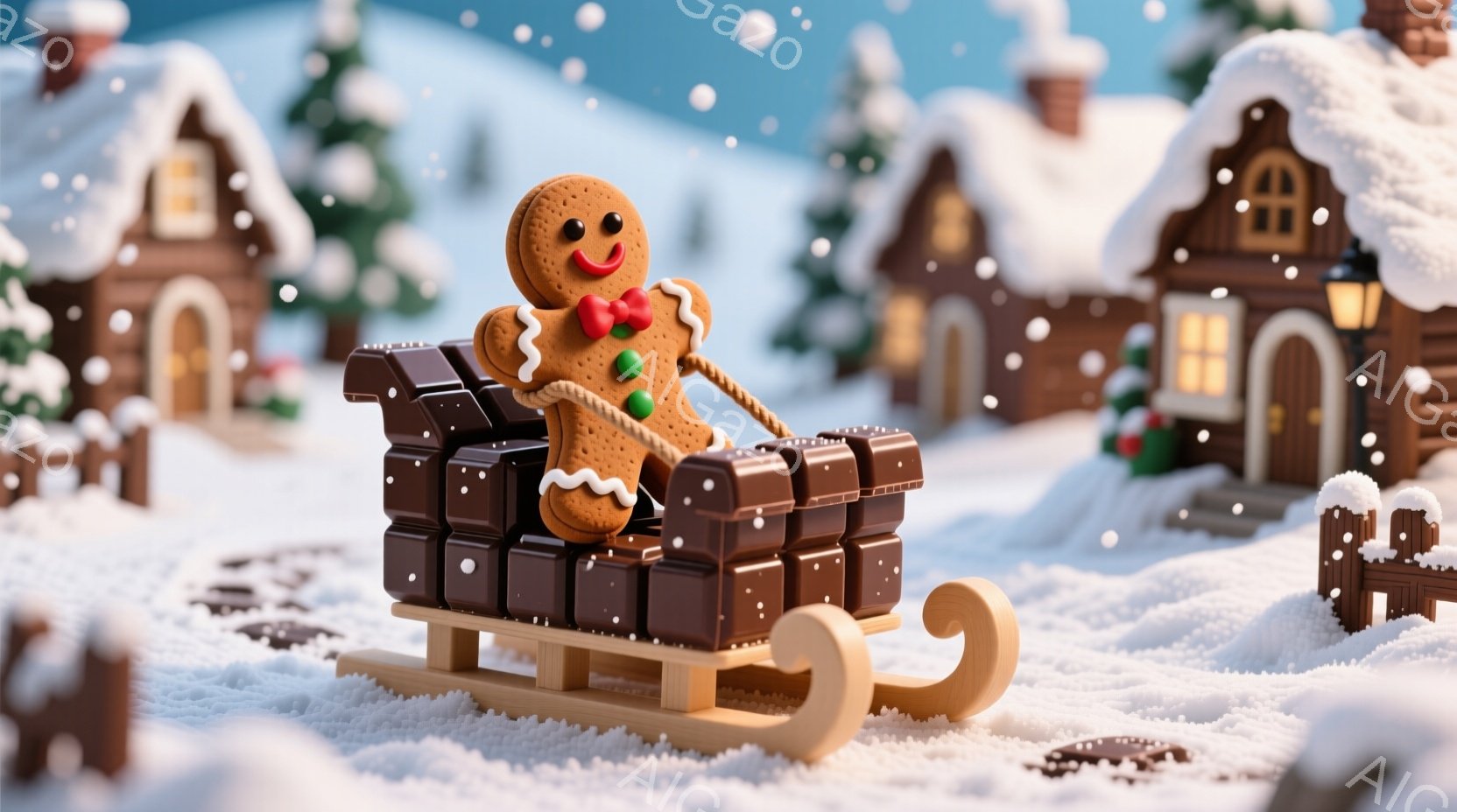 ジンジャーブレッドマンがチョコレートの塊で作られたそりに乗って、雪景色の中を滑っています。背景には、雪をかぶった可愛らしい家々が並び、クリスマスの雰囲気が漂っています。全体的に温かく、ファンタジックで、冬の喜びを感じさせる画像です。