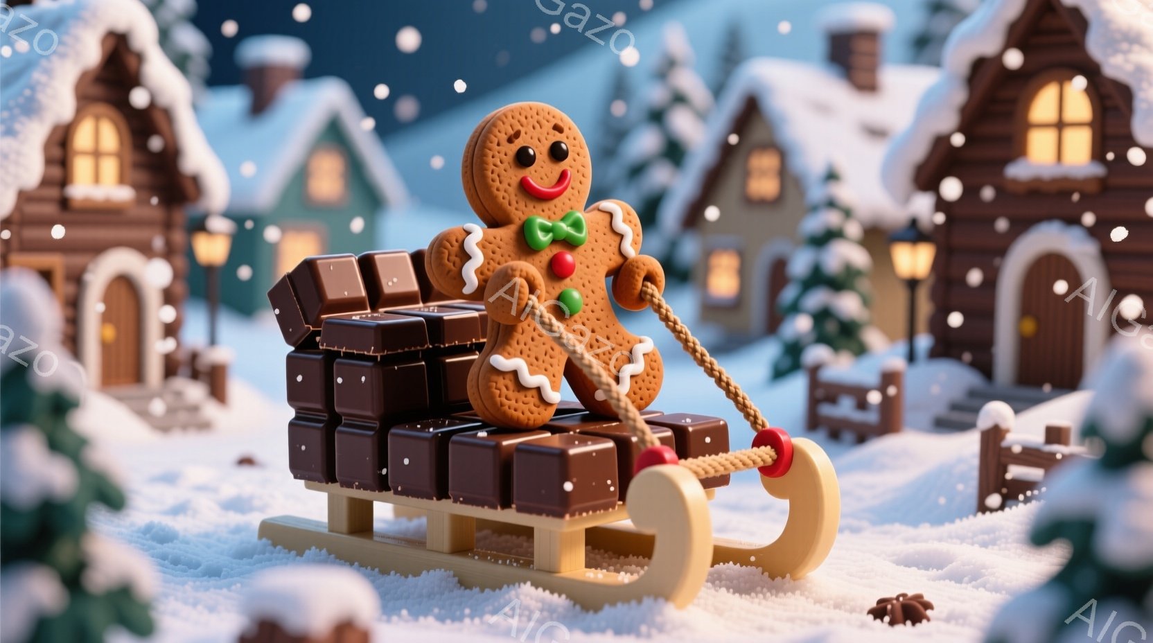 ジンジャーブレッドマンがチョコレートでできたソリに乗って雪の上を滑っています。背景には、雪で覆われた屋根を持つ可愛らしい家々が並び、雪が静かに降り積もっています。全体的に暖かく、お祭り気分で、クリスマスの温かい雰囲気が漂っています。