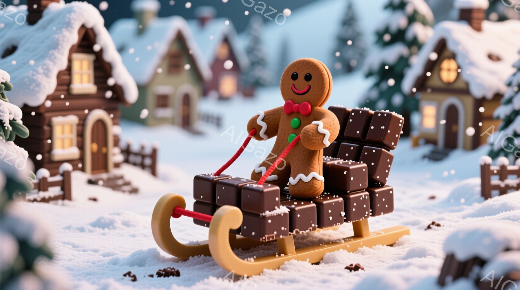 雪景色の中に、ジンジャーブレッドマンがチョコレートでできたそりに乗って笑顔でポーズをとっています。背景には、雪をかぶった可愛らしい家々が並び、冬の暖かい雰囲気を醸し出しています。雪が降り積もり、全体的 - AI生成フリー素材