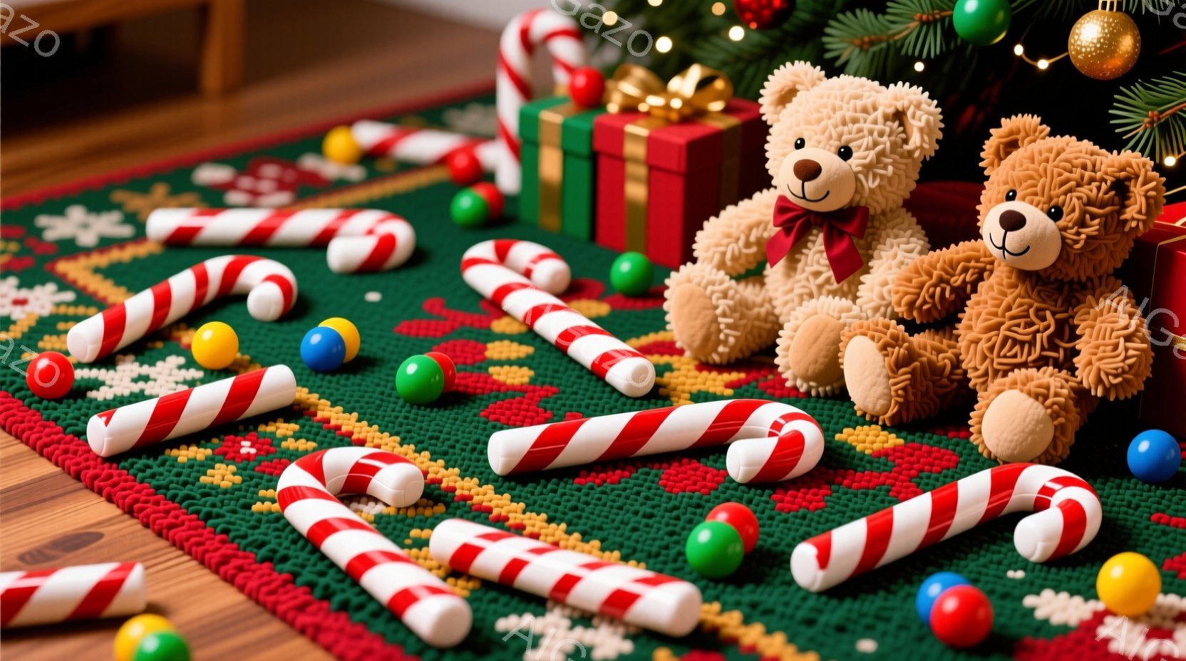 鮮やかな緑色の背景に、キャンディケーンやカラフルなボールが散りばめられたクリスマスシーズンを思わせる一枚です。茶色のテディベアが赤いリボンを首に巻き、プレゼントの箱の隣で座っており、お祝いの雰囲気を醸 - AI生成フリー素材