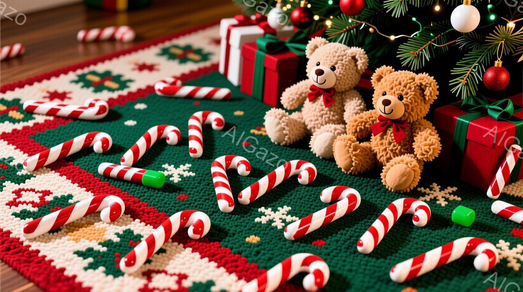 クリスマスツリーの足元に赤い縁取りのキャンディケーンが散らばり、緑と赤のカラフルなクリスマス柄のラグの上に置かれています。愛らしい茶色のテディベアが赤いリボンを首に巻き、プレゼントの箱の隣に座って見つ - AI生成フリー素材