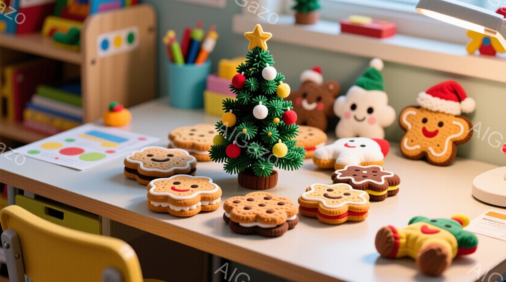 白い机の上に、クリスマスをテーマにした様々な可愛らしいお菓子のようなおもちゃが並べられています。緑色の小さなクリスマスツリーを中心に、ジンジャーブレッドマンや他の動物の形をしたお菓子のおもちゃが、楽し - AI生成フリー素材