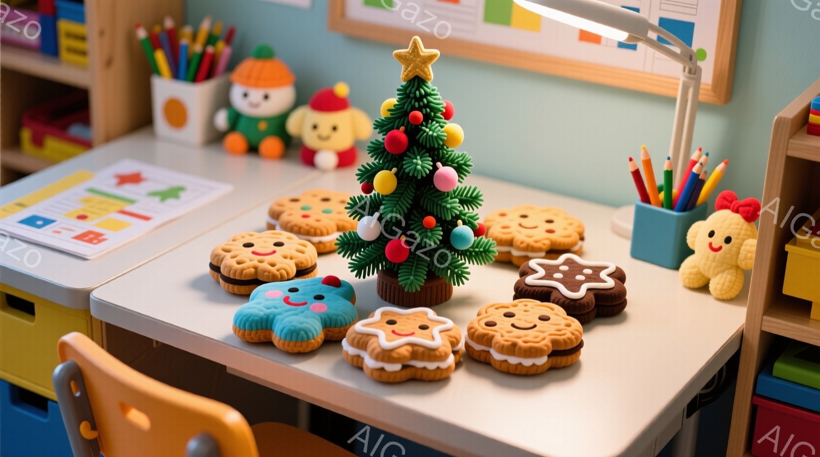 白い机の上に、クリスマスツリーとクッキーの形をしたお菓子が並んでいます。ツリーは緑色で星の飾りがついており、クッキーは様々な形と色で、それぞれ可愛らしい表情をしています。背景には、おもちゃや絵が置かれ - AI生成フリー素材